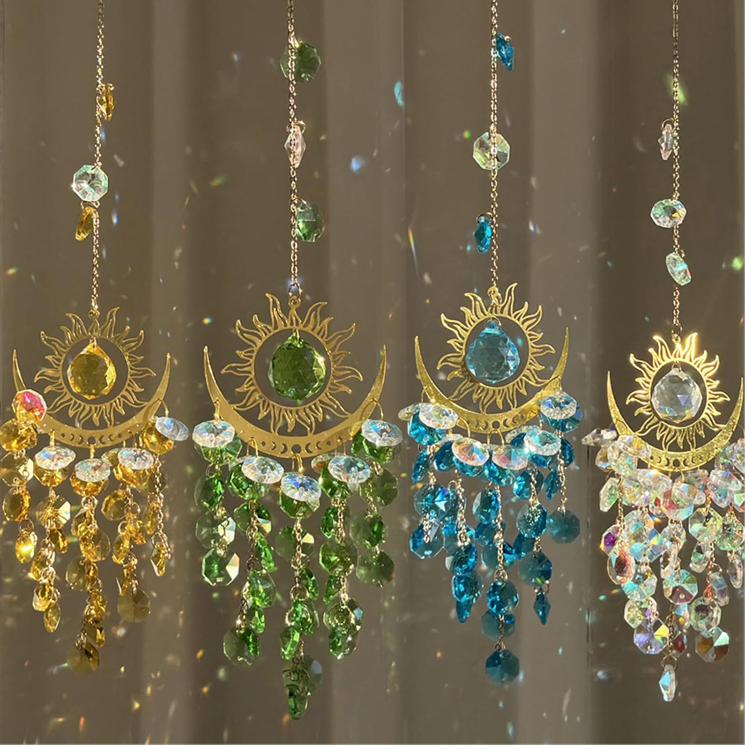 Colorful Crystal Rhinestones Suncatcher Window Hang Pendant, Sun Moon Crystal Drops Ball Prisms Ornament，Crystal Prism Suncatcher Window Hanging Indoor Outdoor Patio Garden Decor (Style B)