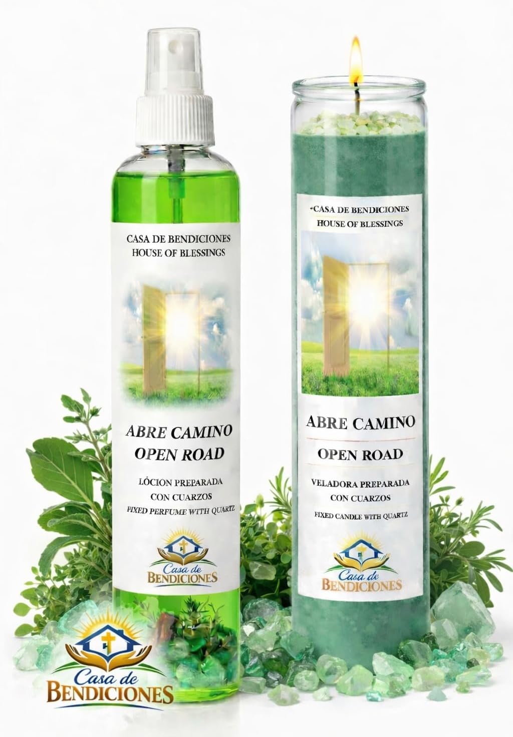 ABRE Camino- Open Road, LOCION Y VELADORA Preparada con Cuarzos-Fixed Perfume and Candle with Quartz, Lightly Scented