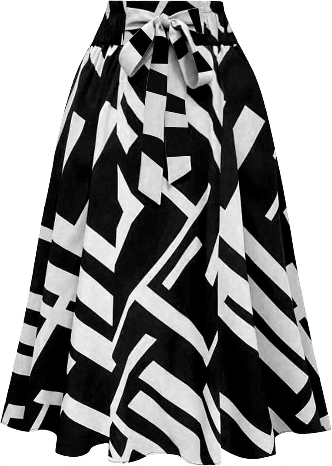 SHENHE Women's Pleated Bow Tie Geo Print Midi Length Skirt Elastic High Waist A Line Flowy Autumn Pleated Skirt - Image 4