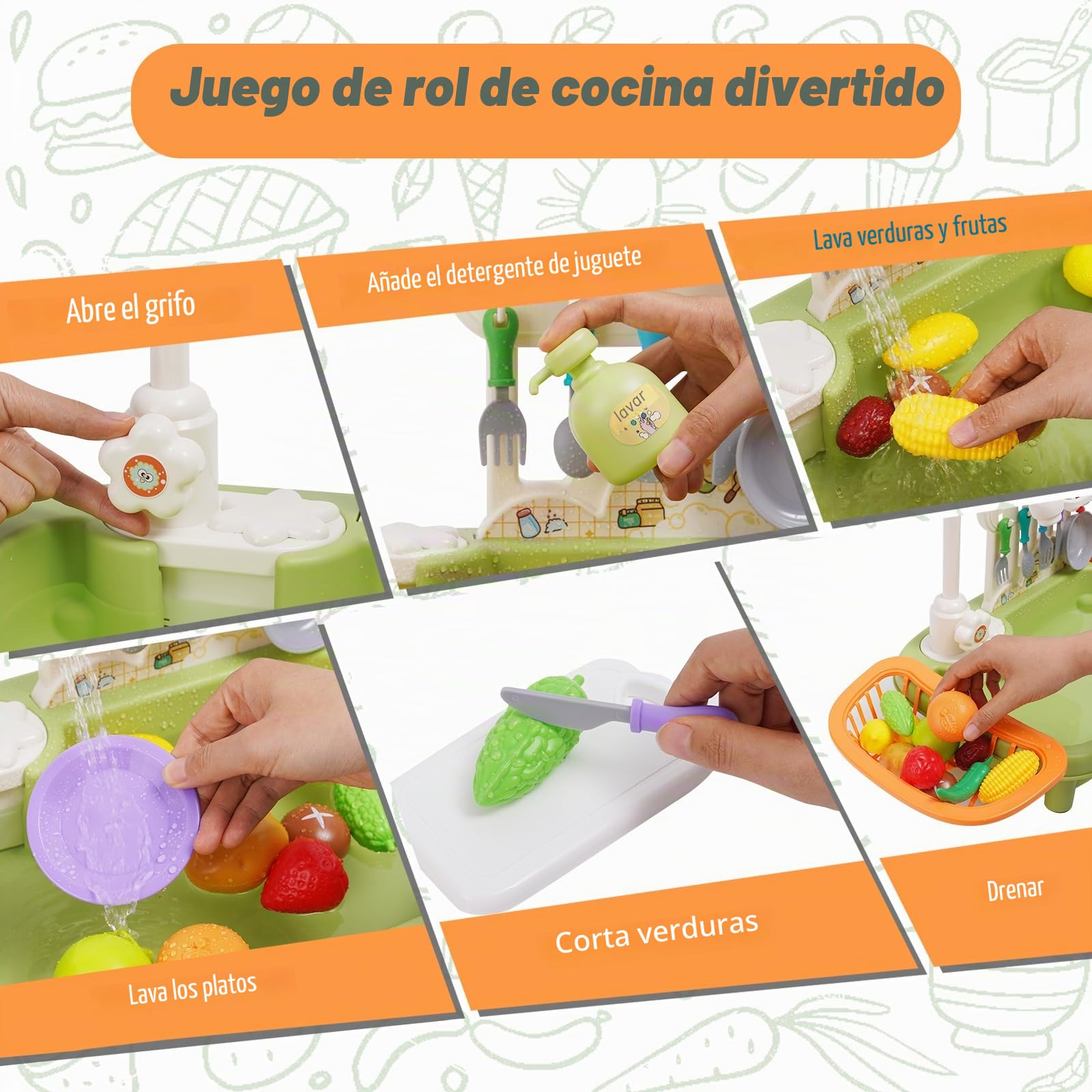 Fregadero Cocina Juguete con Agua,Lavaplatos Eléctrico Playhouse,RECirculación Automática del Agua, Accesorios,Regalo para niños pequeños y niñas 3+