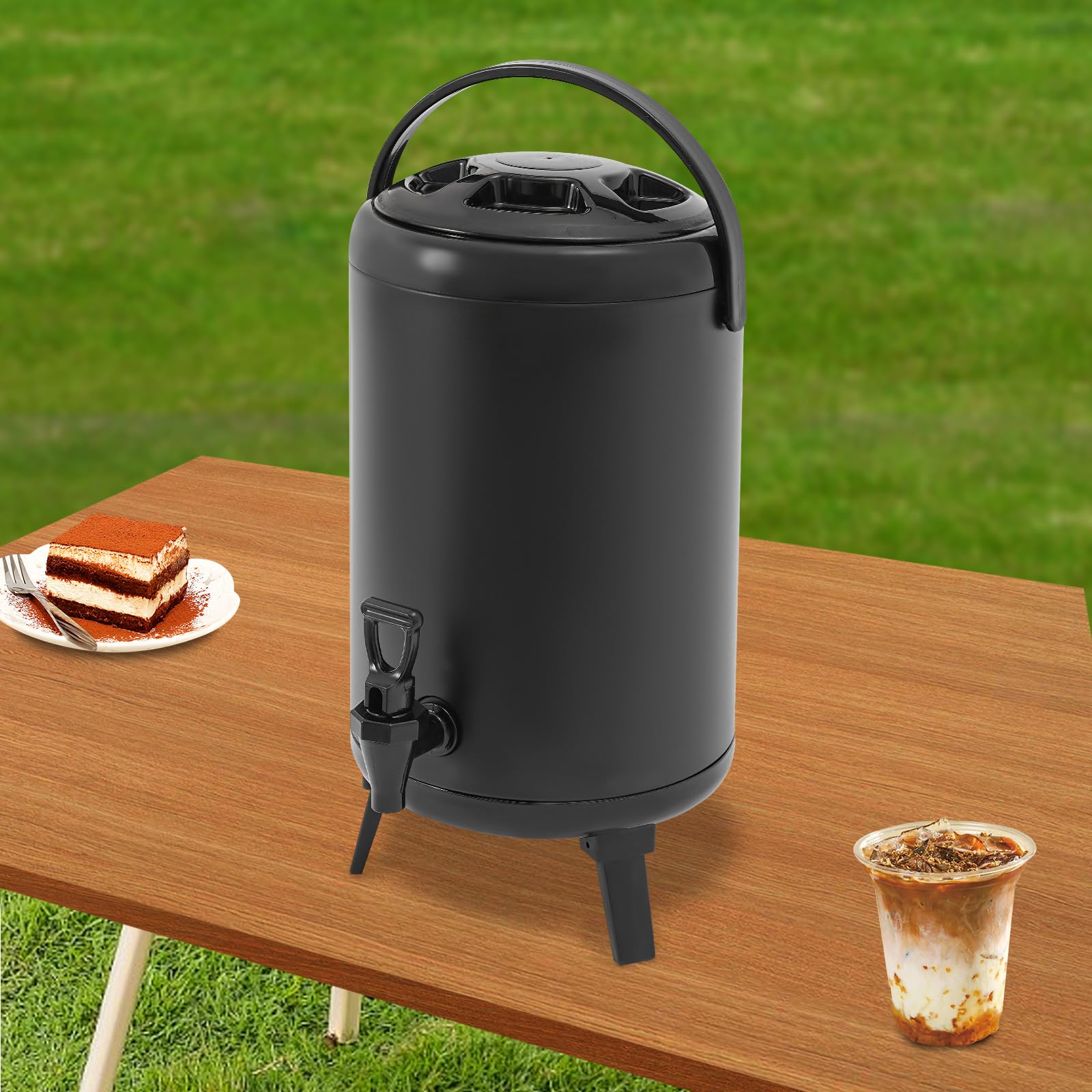 Dispenser per bevande da 10 l, in acciaio inox, con rubinetto, contenitore isolante di alta qualità con treppiede pieghevole, per campeggio, sport, tempo libero (nero)