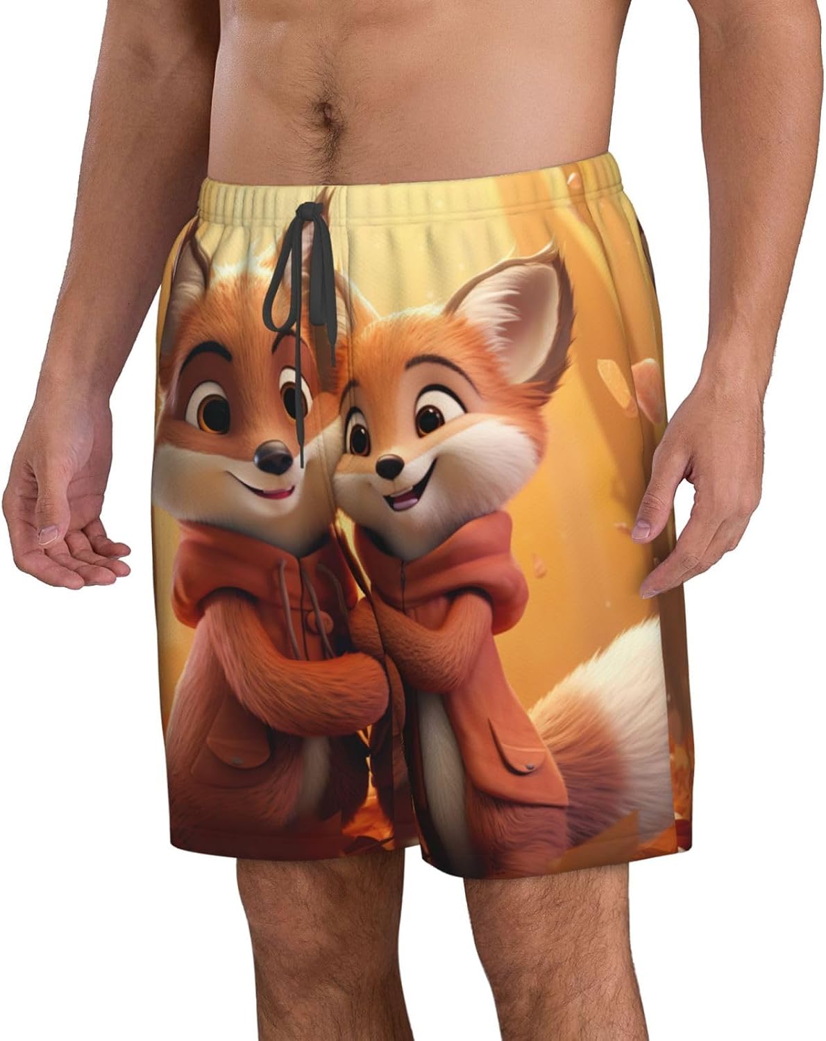 Cartoon Fox Print Mens Casual Shorts Drawstring Summer Beach Stretch Shorts Novelty Swimtrunks White