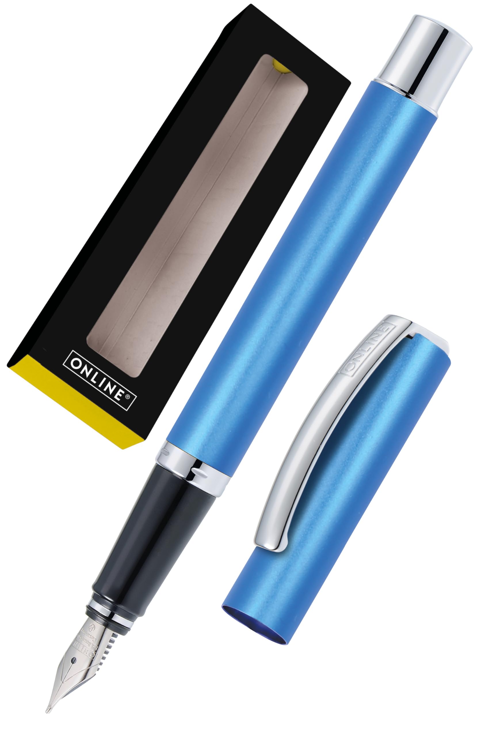 Online Fountain Pen Vision Blue | made of aluminum | Iridium nib medium | Suitable for standard ink cartridges and converters | Pen in gift box