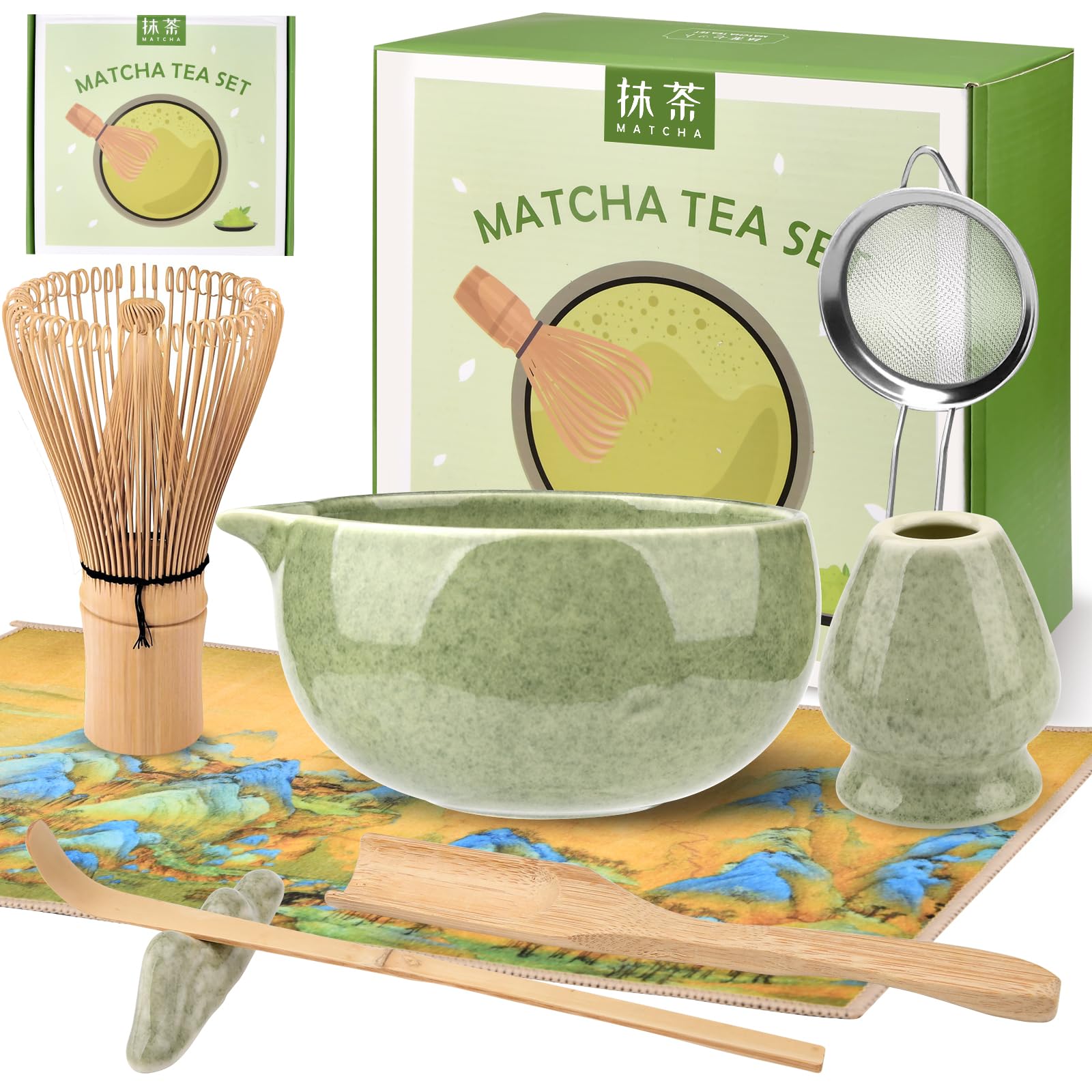 8 PCS Matcha Set, Matcha Whisk Kit with Matcha Bowl, Whisk, Holder, Bamboo Scoop, Scoop Rest, Spoon, Sifter, Towel, Authentic Tea Ritual, Gift for Beginners and Enthusiasts
