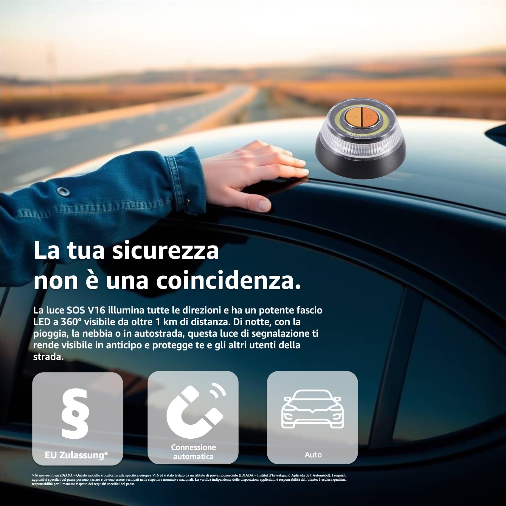 Luce d’emergenza V16 2026 con omologazione IDIADA Nr. PC21020060 – Triangolo d’emergenza – Triangolo di panne – Omologazione UE – Per auto e moto