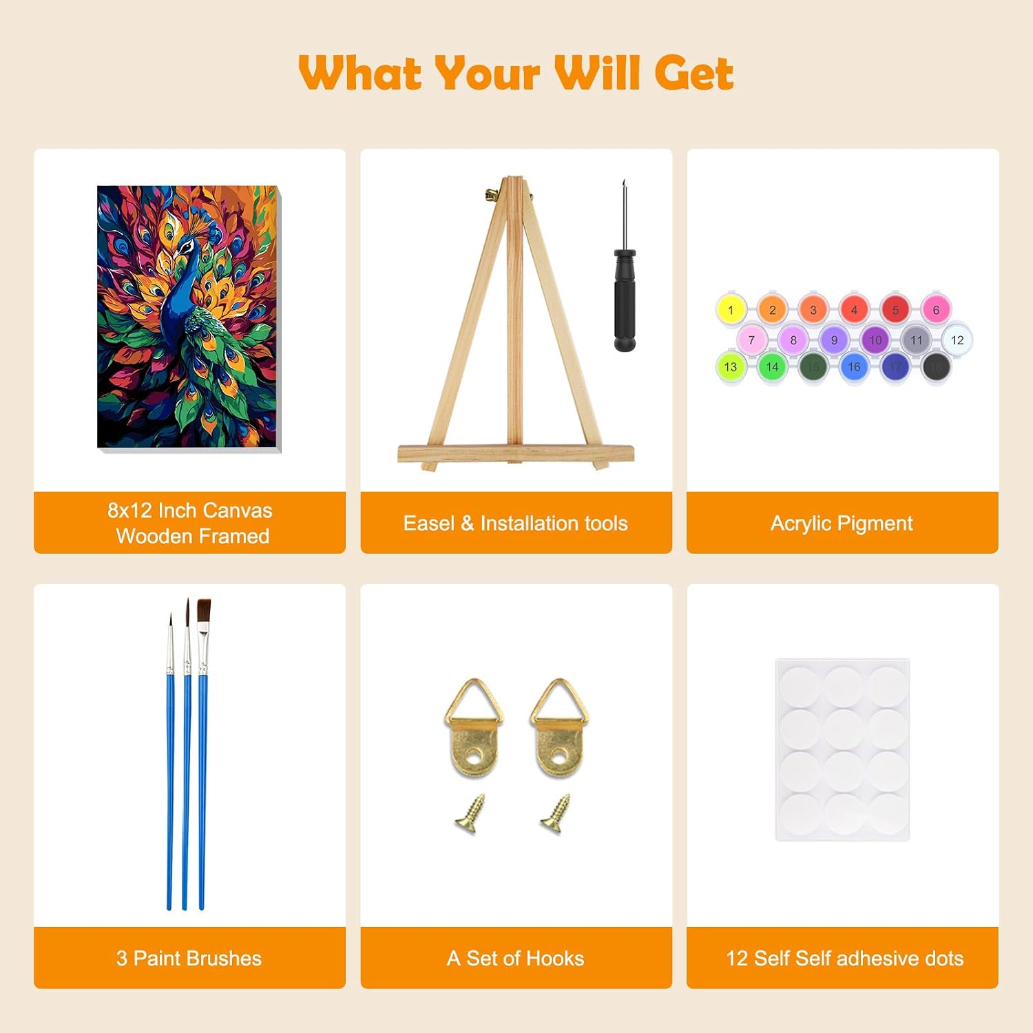 MOGTAA Peacock Paint by Numbers Kit for Adults Beginners with Frame, Peacock Adult Paint by Number Kits on Canvas with Easel, Easy DIY Animal Oil Painting Kits for Home Decor, 8x12in