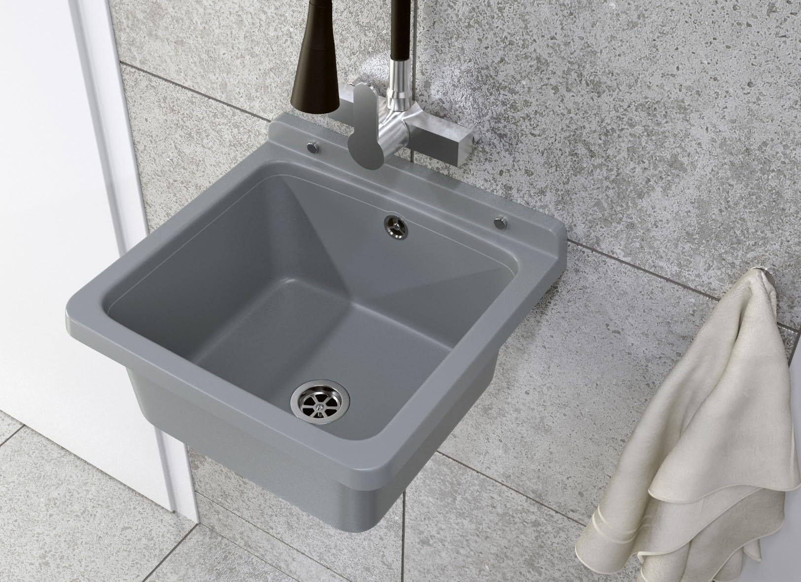 Granitan Gray Sink For Garage, Basement, Workshop And Laundry Room, Universal Wash Trough With Siphon, Wall Mounted Sink For Indoor And Outdoor Use, 40 X 38 X 22.8 Cm, Grey