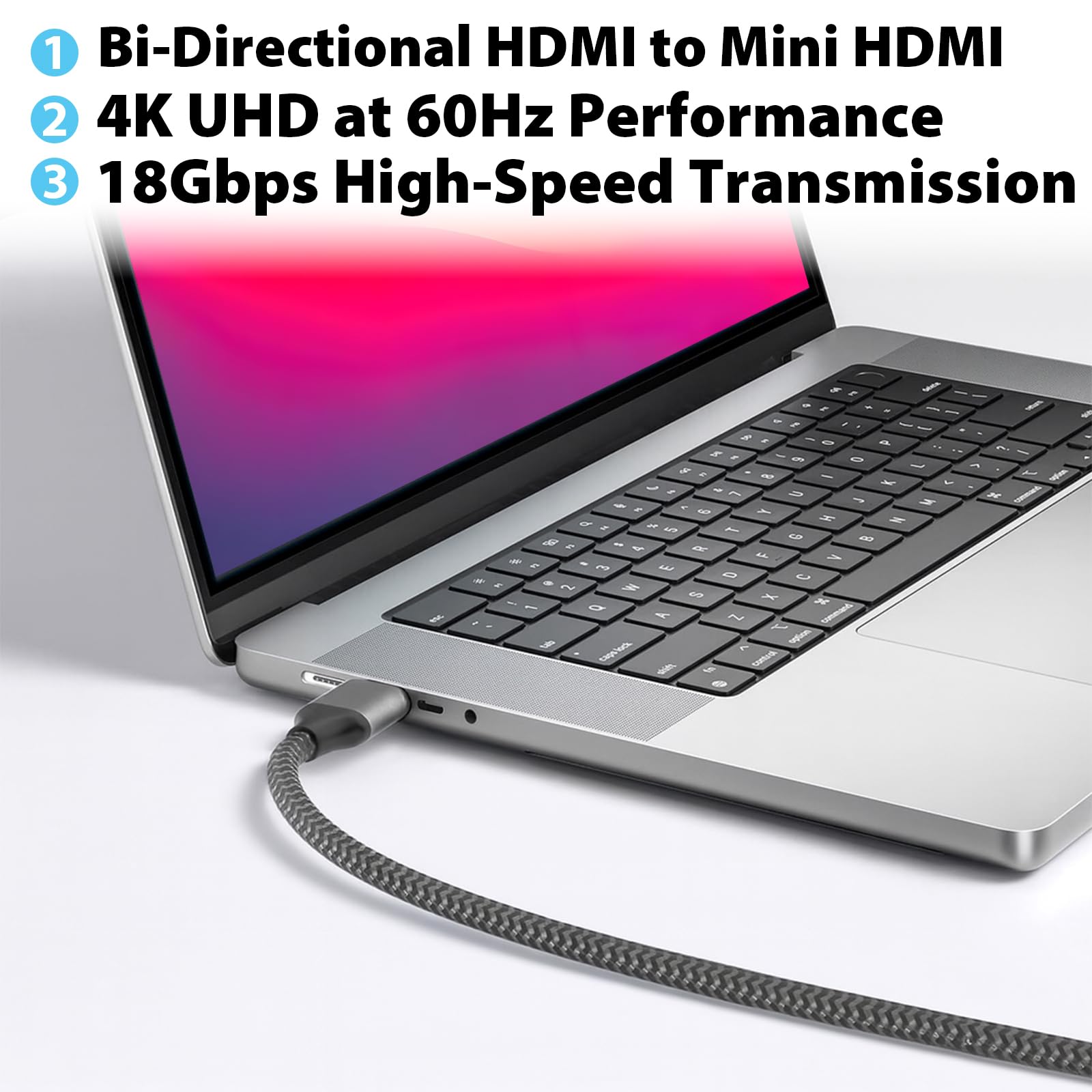 Cyberguys! Cable mini HDMI a HDMI 2.0, 4K 60Hz Ultra HD, cable trenzado bidireccional de alta velocidad de 18 Gbps con conectores chapados en oro, compatible con videocámara de cámara, proyector de