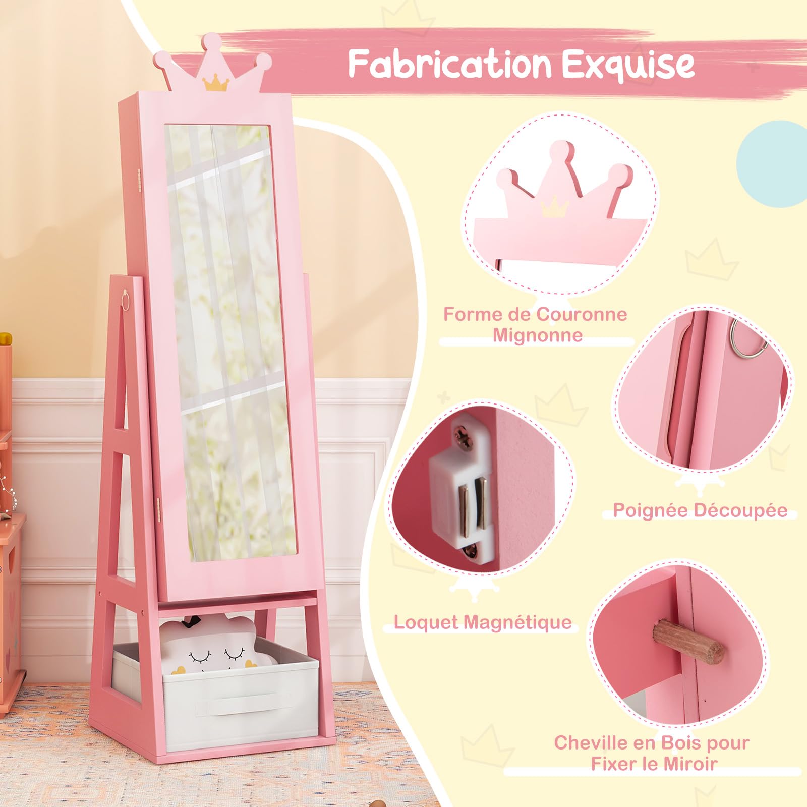 DREAMADE 3 en 1 Armoire à Bijoux Enfants en Bois,Organisateur de Bijoux Enfant avec Miroir Pleine Longueur,Tiroir Pliable,Anti-Bascule,Crochets,Meuble sur Pied Motif Couronne pour Filles (Rose)