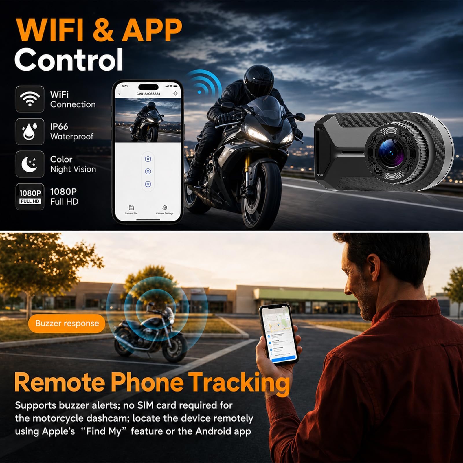 Cámara para Salpicadero de Moto Mini 1080P, Cámara Frontal Resistente al Agua (IP66) sin Pantalla, Gran Angular de 110°, App-WiFi (Alertas con pitido -Encontrar el Coche), Grabación en Bucle