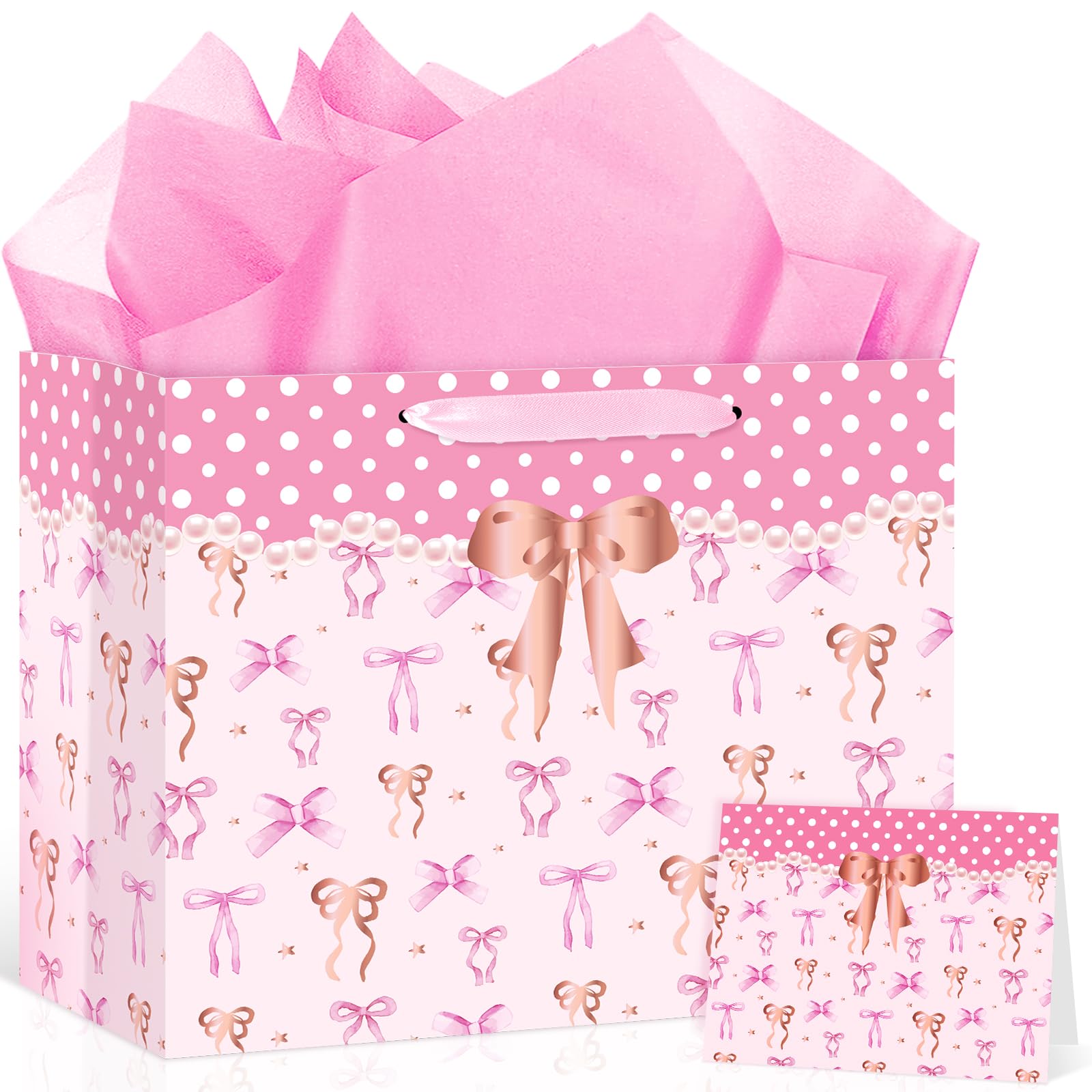 Neptniopllab Bow Birthday Gift Bag,Pink Bow Wrapping Paper Gift Bag BowKnot Party Decoration with Card and Tissue Paper for Women Birthday Valentine's Day Wedding Baby Shower Party Supplies