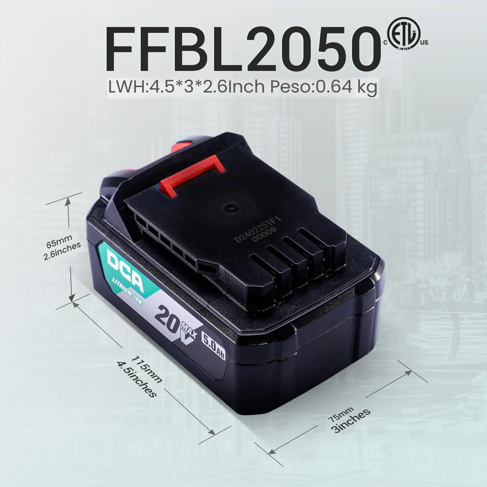 DCA Batería de iones de litio de 20 V, 5,0 Ah con alta capacidad, herramienta compacta de 20 V, 1,4 lbs (FFBL2050)