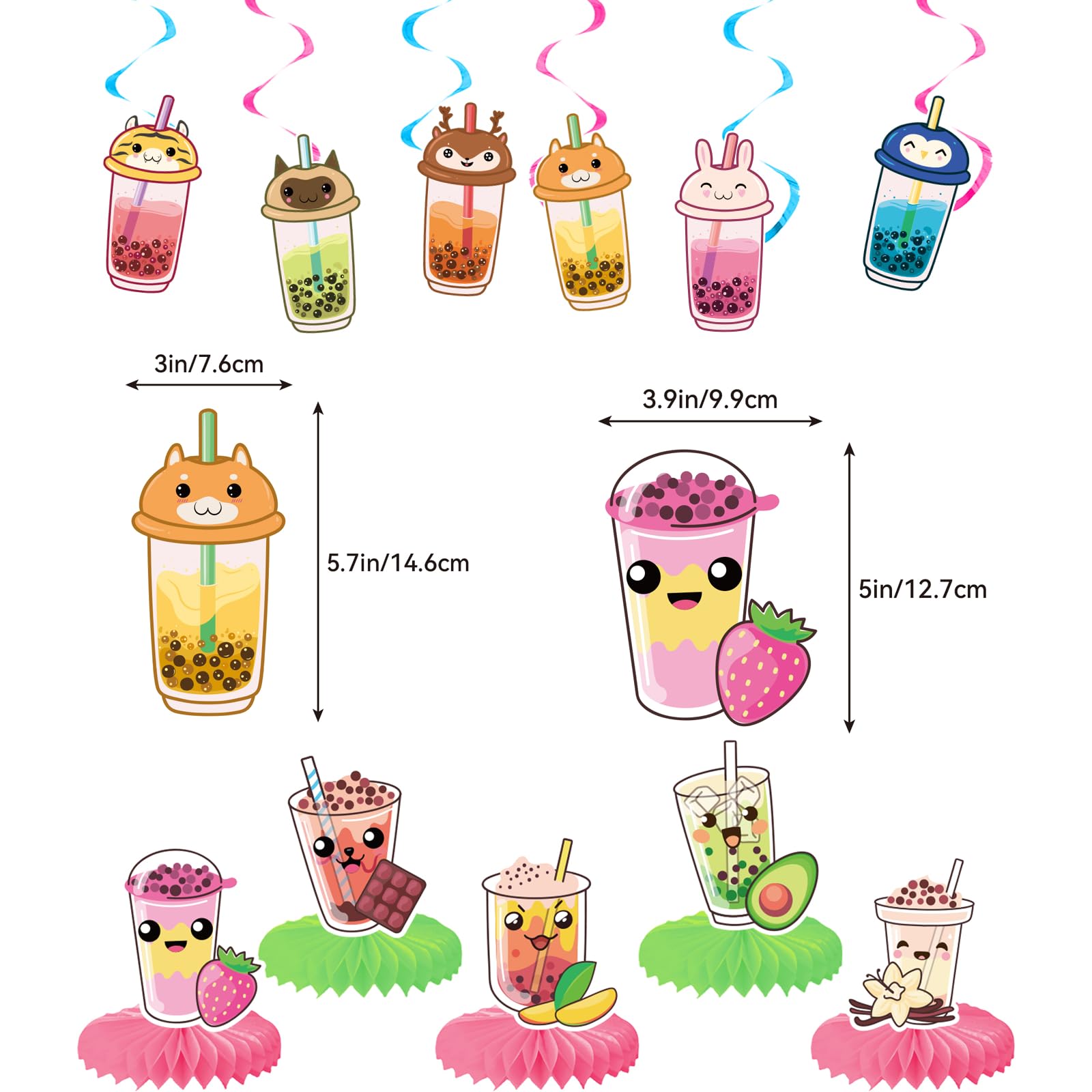 Decoraciones de fiesta de té Boba - Decoraciones de cumpleaños con pancarta de té de Boba, fondo, espirales, centros de panal, adornos para cupcakes, globos
