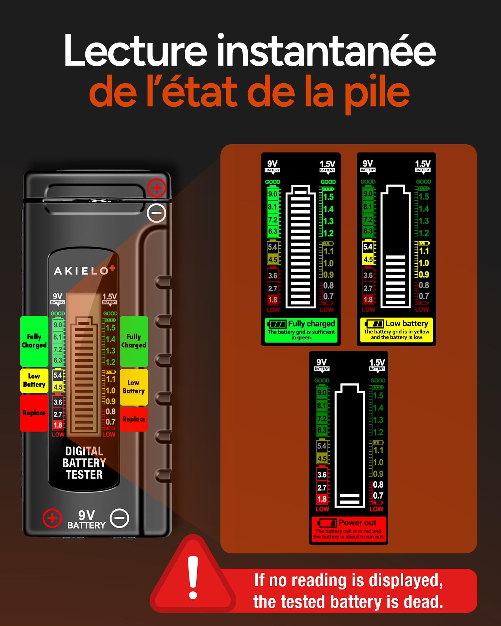 AKIELO+ Testeur Universel de Piles Numérique – Écran LCD Facile à Lire – Aucune Pile Nécessaire – Compatible AA AAA C D 9V 1,5V et Piles Bouton