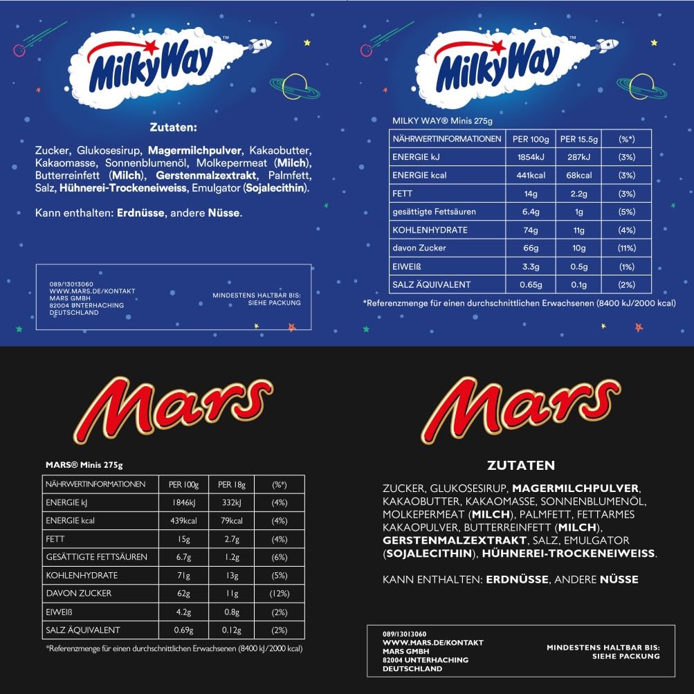 Mixed Minis Schokolade Großpackung, 71 Mini-Schokoriegel Snacks (Mars, Snickers, Bounty, Twix, Milky Way) als Süßigkeiten, Schokoladen Geschenk, Süßigkeiten Box (1400g)
