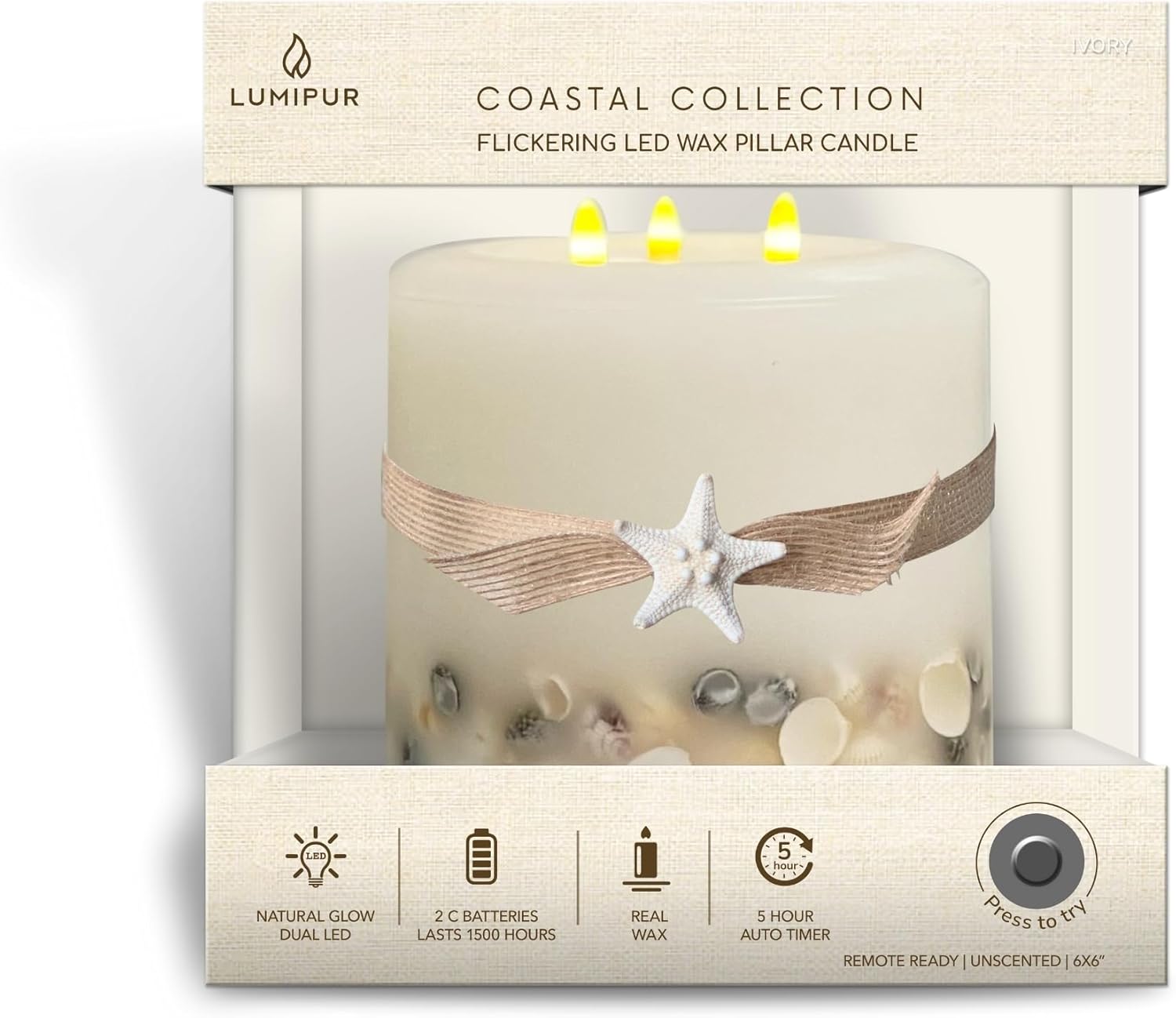 LumiPur Signature Coastal Collection Natural Glow Flickering Flameless LED Wax Pillar Candle with Seashell Embed (Ivory, 6" x 6")