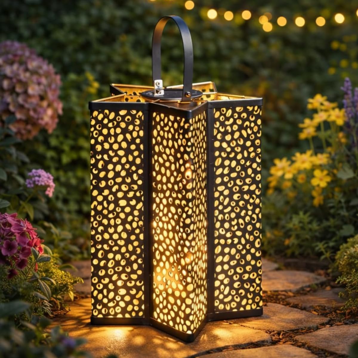 Festive Lights - 30.5cm Gold Star XL Celeste Solar Metal Garden Hanging Lantern – Outdoor LED Light with White Bulb, Cut-Out Pattern, IP44 Weather Resistant, Decorative Accent for Tables or Pergolas