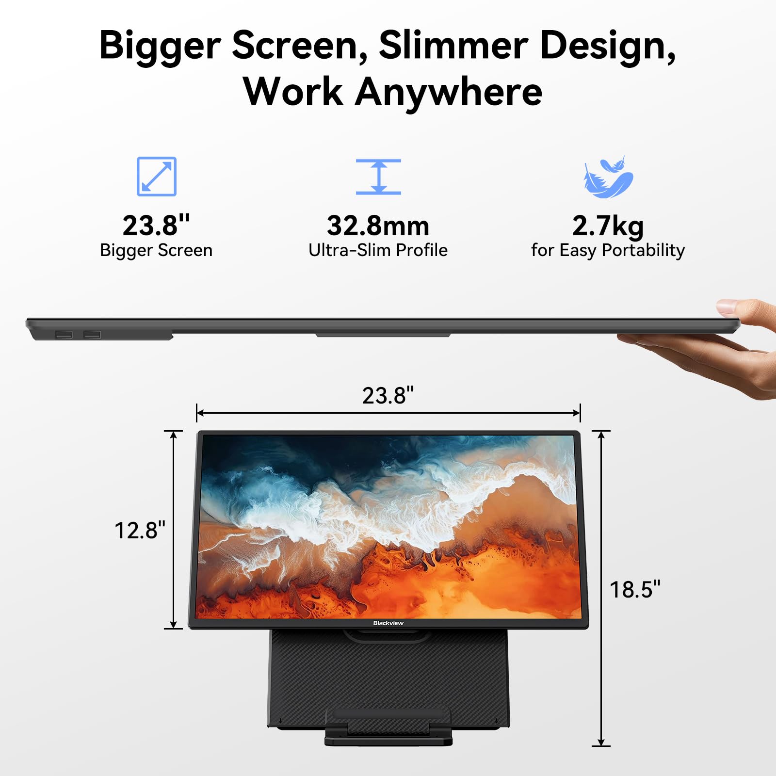 Blackview Monitor portatile da 24 pollici, 100 Hz, per lavoro, casa, ufficio, gioco, 1080p FHD IPS estensore dello schermo del computer portatile con supporto rotante e VESA, USB-C HDMI Plug-Play per