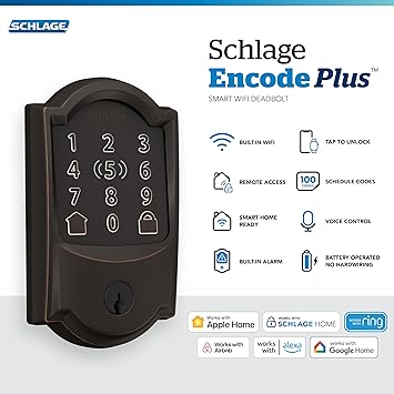 Schlage Encode Plus Smart Wi-Fi Lock for Front Door, Keyless Entry Deadbolt, Unlock with Apple Watch, Built-in WiFi and App Control, Easy Install, Alexa & Apple HomeKit Compatible, Aged Bronze