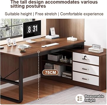 Home Office Farmhouse L-Shaped Computer Desk Corner Executive Desk with Drawer and Storage Shelf, Writing Study Student PC Work Table,B,Cabinet Right
