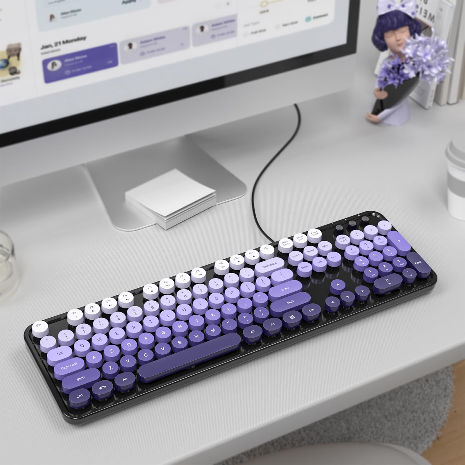 Kabelgebundene Computer-Tastatur, bunte Tastatur in voller Größe mit schwebenden runden Tasten, Schreibmaschinentastaturen für Laptop, Büro, PC, Desktop-Fenster, Schwarz / Violett