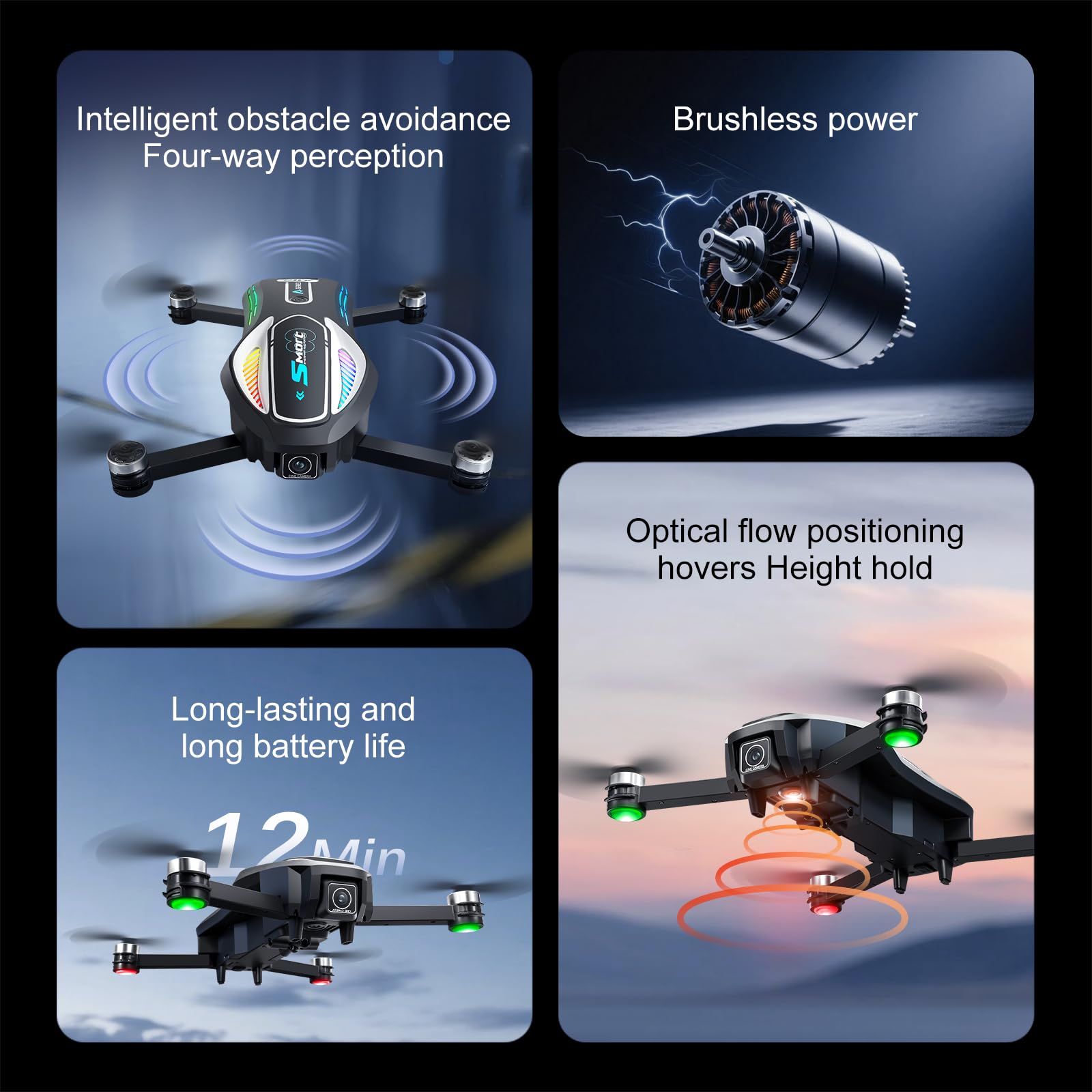 A118 Drone con Schermo Removibile & Doppia Camera HD 90° - 6 Modalità Luci LED, Evitamento Ostacoli, Motore Brushless, Volo Stabile a Flusso Ottico, Autonomia 13 Min (black)