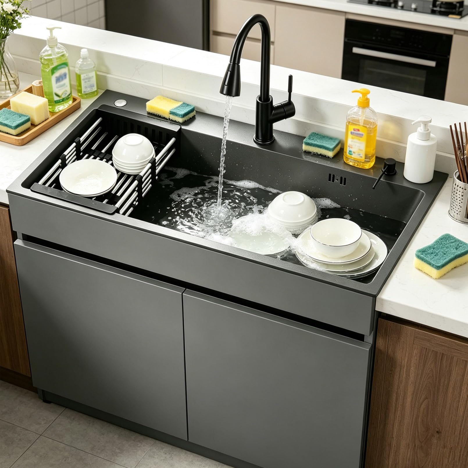 Fregadero Freistehend de Acero Inox Negro para Exterior | Fregadero un Seno con Mueble de Aluminio Alveolar y Grifo Fría/Caliente | Lavabo Portátil de Jardín, Garaje, Taller y Balcón