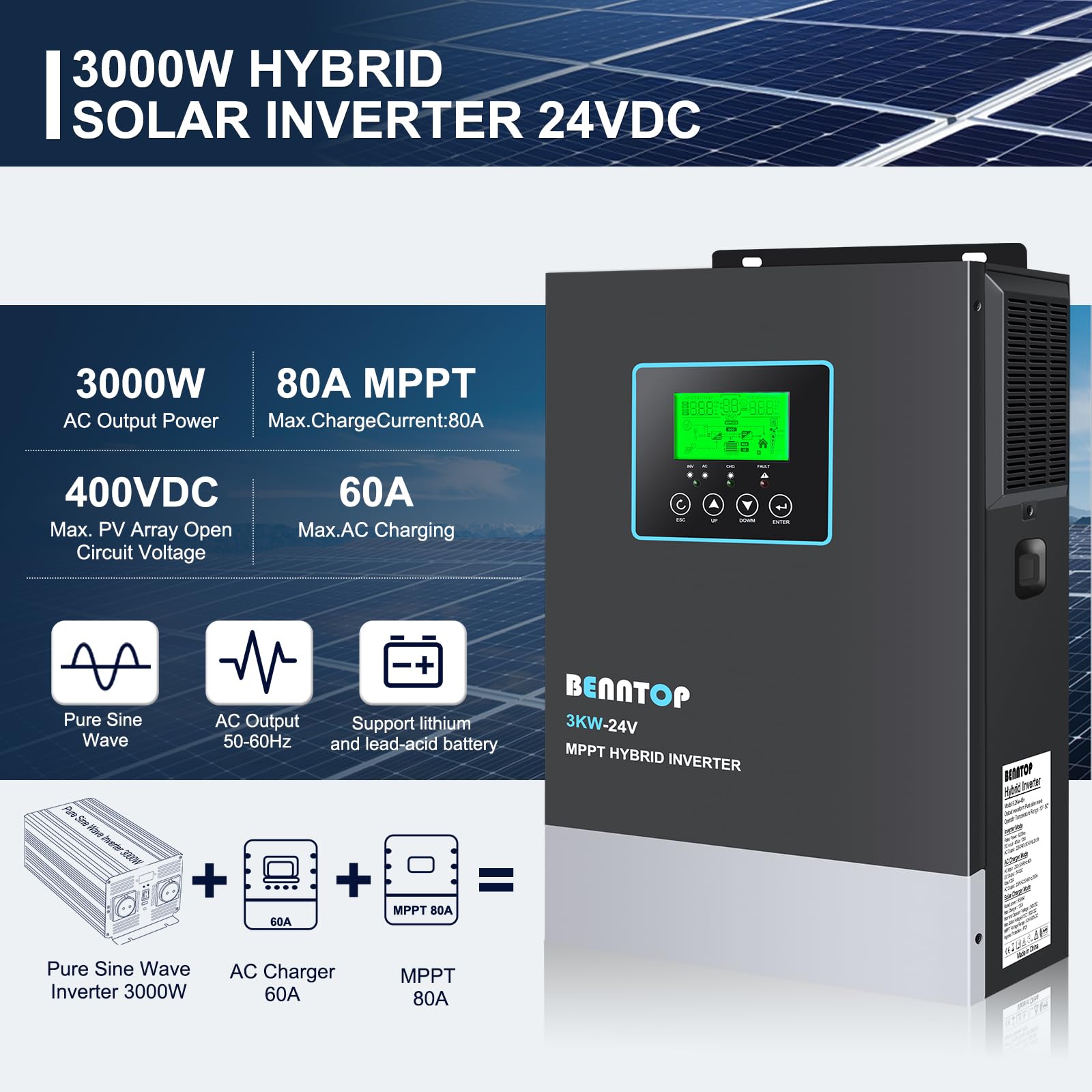 Inverter ibrido da 3000 W, 24 V DC a 230 V AC, pura sinus offgrid, inverter solare con regolatore solare MPPT da 80 A, max. ingresso PV 400 V, per batterie al piombo acido e al litio