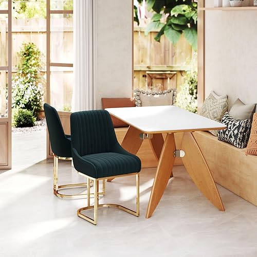 Miniatura 3 de Juego de 2 sillas de comedor de terciopelo tapizadas de color verde con patas doradas, sillas de cocina modernas sin brazos con respaldo