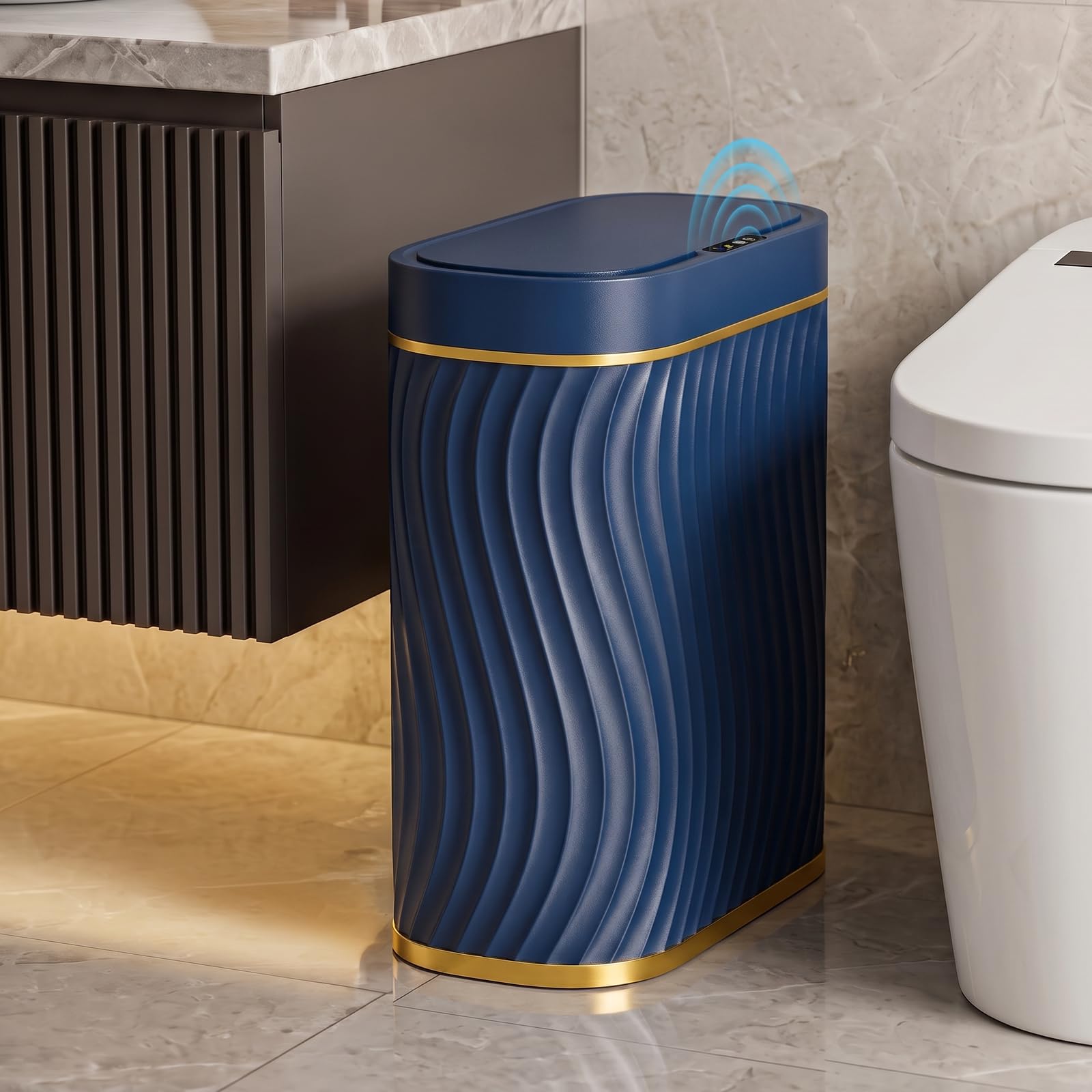 Photo 1 of 2.6 Gallon Automatic Bathroom Trash Can with Touchless Lid, Blue Gold