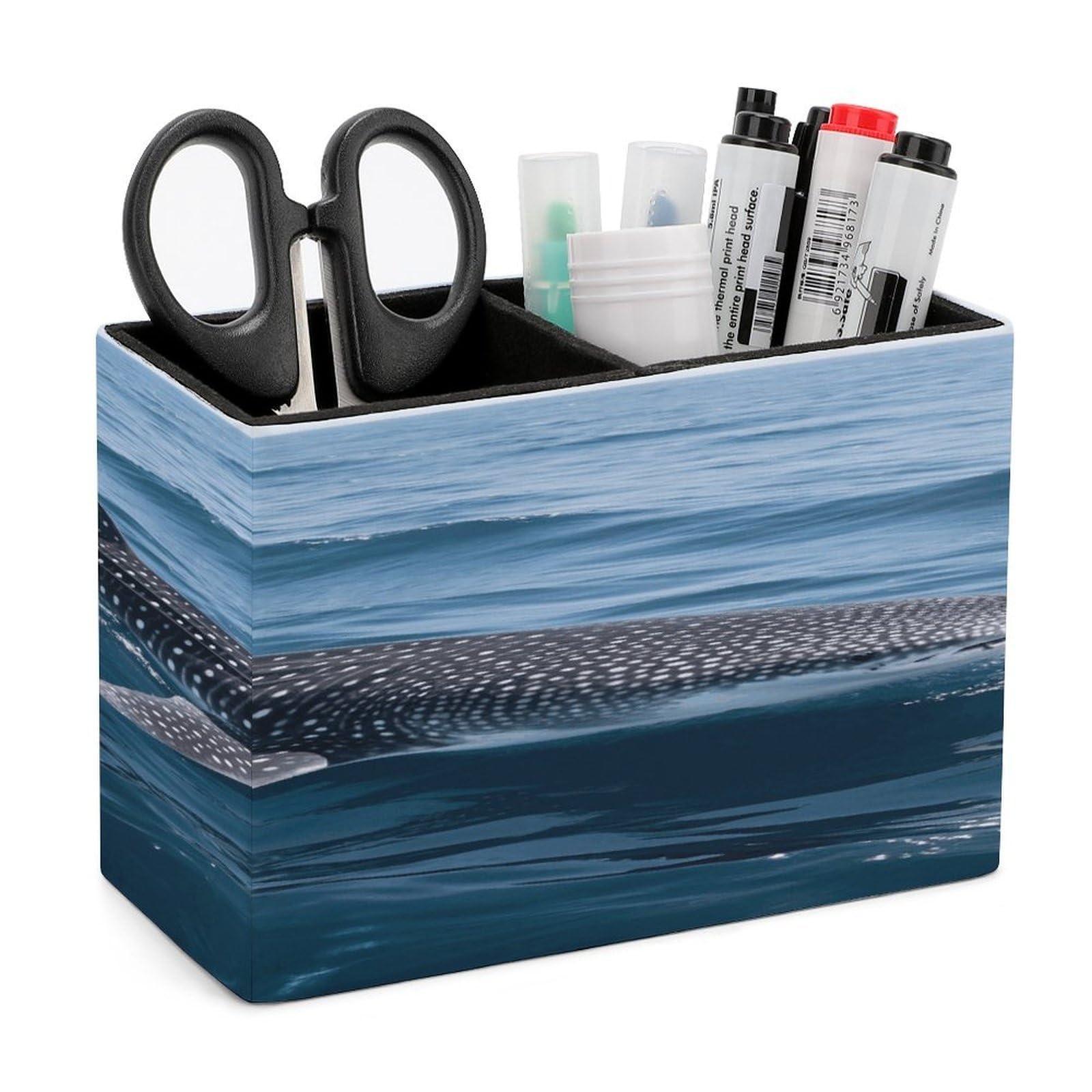 VstaDank Whale Shark Pencil Holder for Desk Organizer 2 Compartments Pen Cup Leather Square Pen Holder Pencil Cup Stand Makeup Brush Holders for Desktop Organizer Storage Case