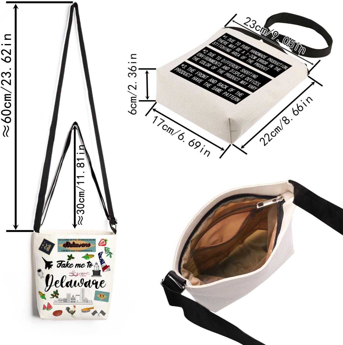 Take Me To Delaware Print Canvas Crossbody Bag, Adjustable Strap Lightweight Purse with Top Zipper & Inner Pocket, Daily Shoulder Bag Delaware Travel Gift for Women - Image 4