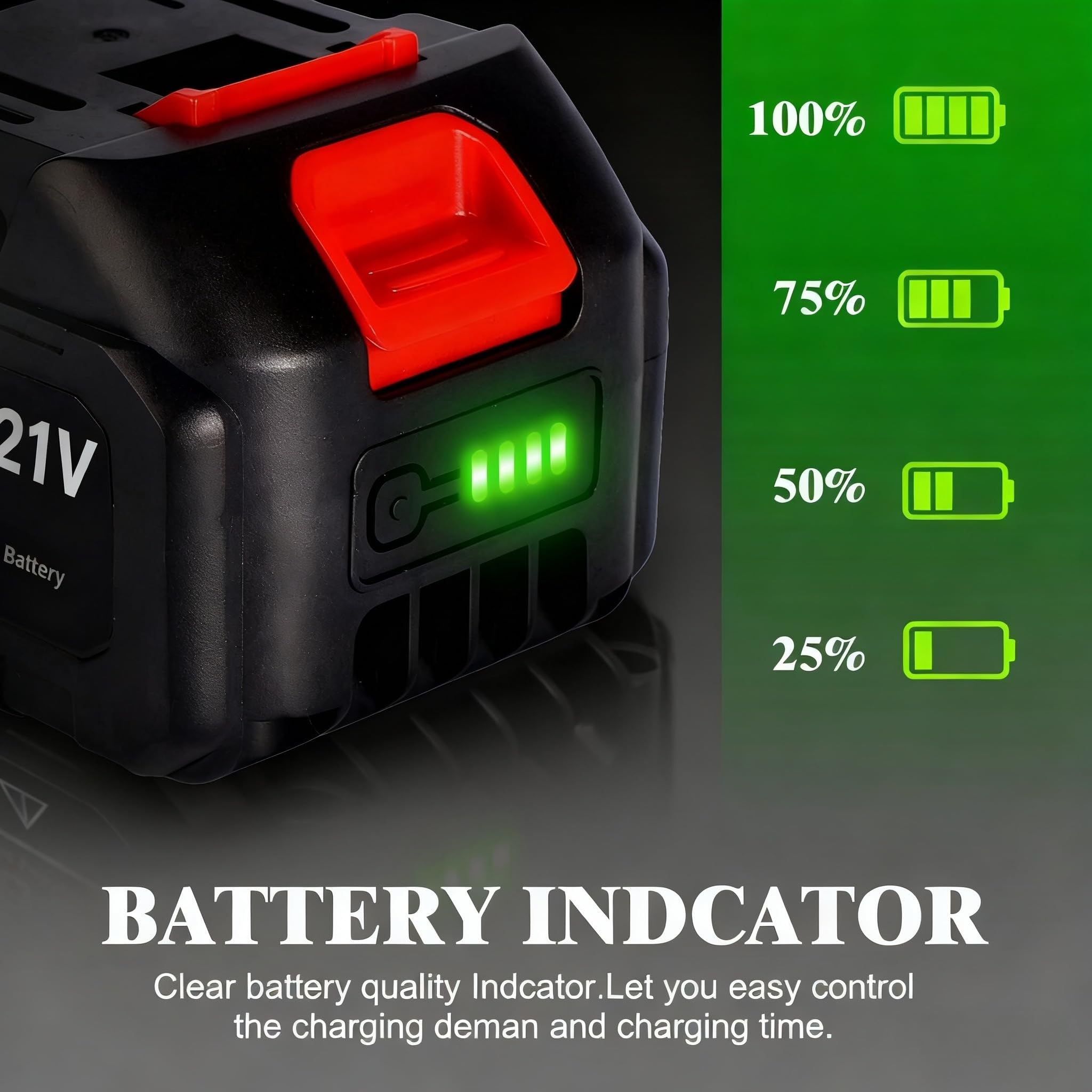 Batteria al litio da 21 V - 4,0 Ah Batteria di ricambio con indicatore LED compatibile con soffiatore per foglie e mini motosega senza fili da 4 pollici/6 pollici