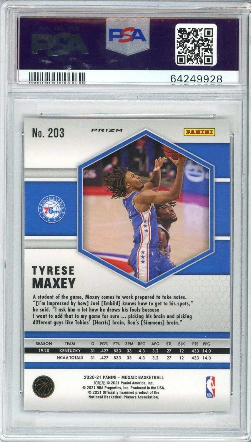 Graded 2020 Panini Mosaic Tyrese Maxey #203 Reactive Blue Rookie RC Basketball Card PSA 10 Gem Mint