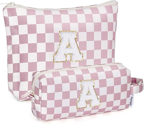 Narwey Bolsas de maquillaje personalizadas con iniciales a cuadros, 2 piezas, bolsas de cosméticos, 6, 8, 10, 11, 12, 13, 14, 16, 18 años, regalos