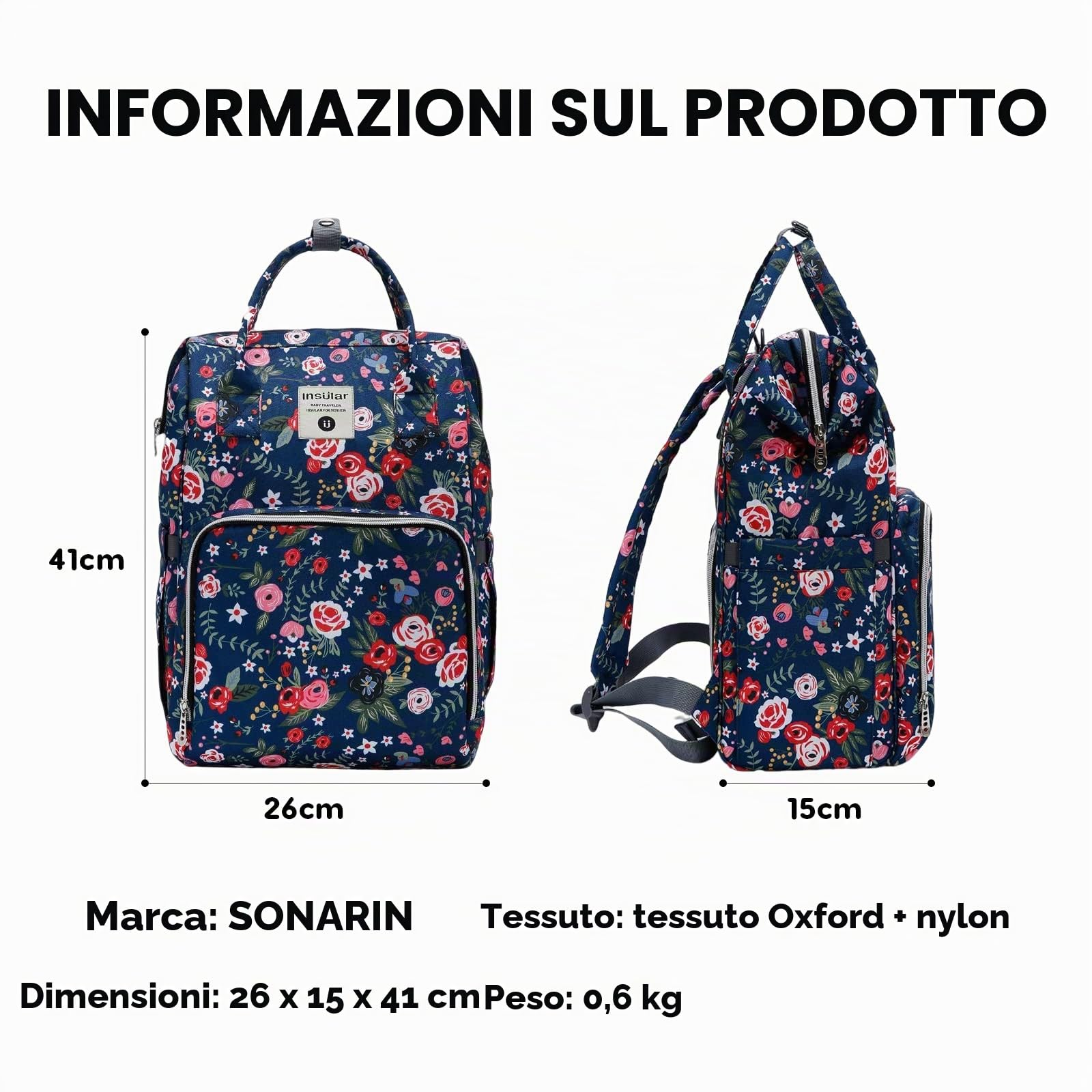 SONARIN Elegante Multifunzionale Zaino Fasciatoio,Grande Capacità Borsa per Pannolini Impermeabile Zaino Mamma Neonato Borsa Fasciatoio da Viaggio con Fasciatoio & Ganci per Passeggino(Fiore)