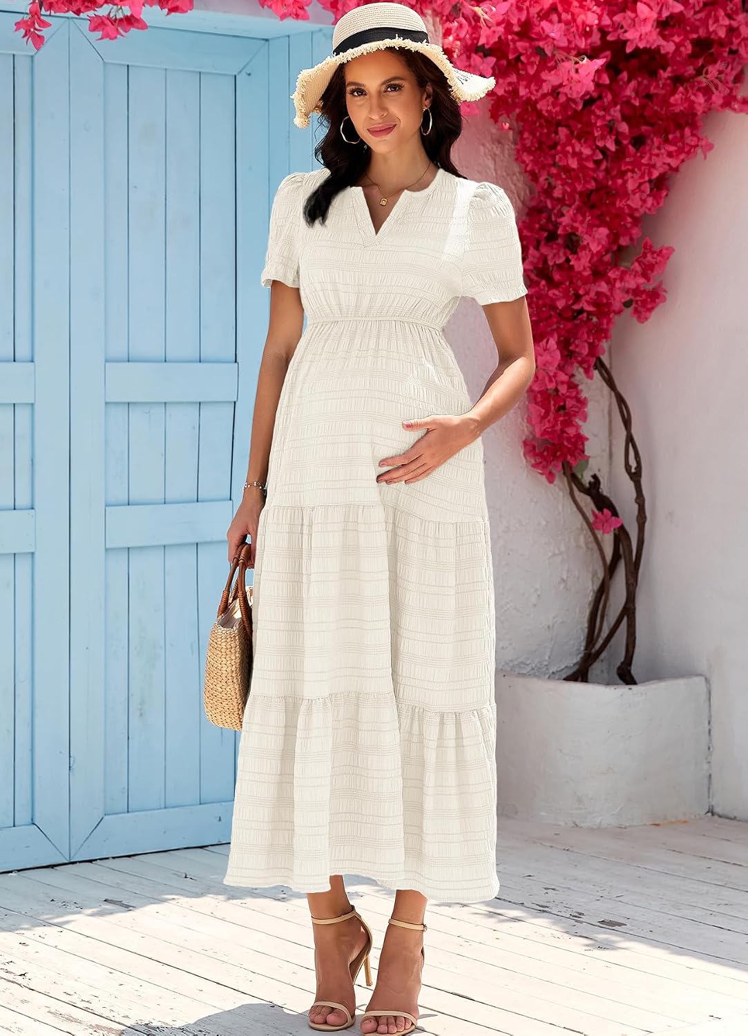 AISWI Summer Maxi Maternity Dress Pockets Casual Vacation Boho Baby Shower Short Sleeves A Line Beach Sundress Pregnancy