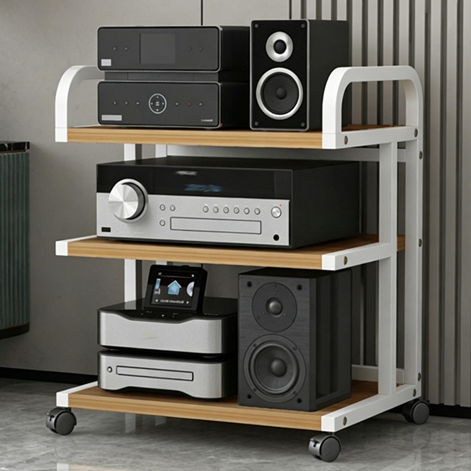 Rack de audio para tocadiscos con ruedas giratorias que facilitan la ventilación del mueble