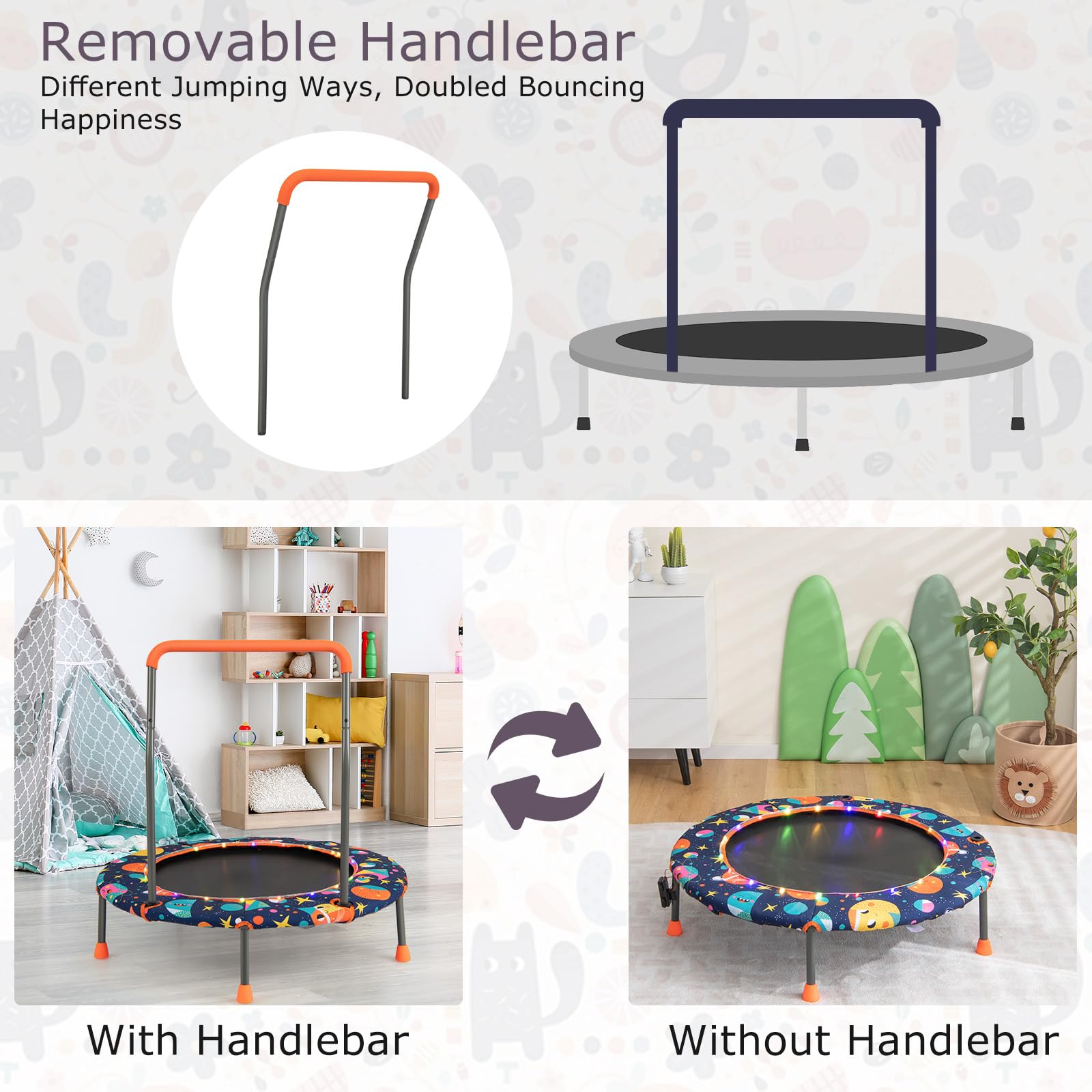 KOMFOTTEU Trampolino Elastico per Bambini dai 3 ai 6 anni, Ø 92 cm, Tappeto Elastico Bambini con Luci a LED, Mini Trampolino da Giardino con Manico e Tappetino di Sicurezza, Portata fino a 25 kg
