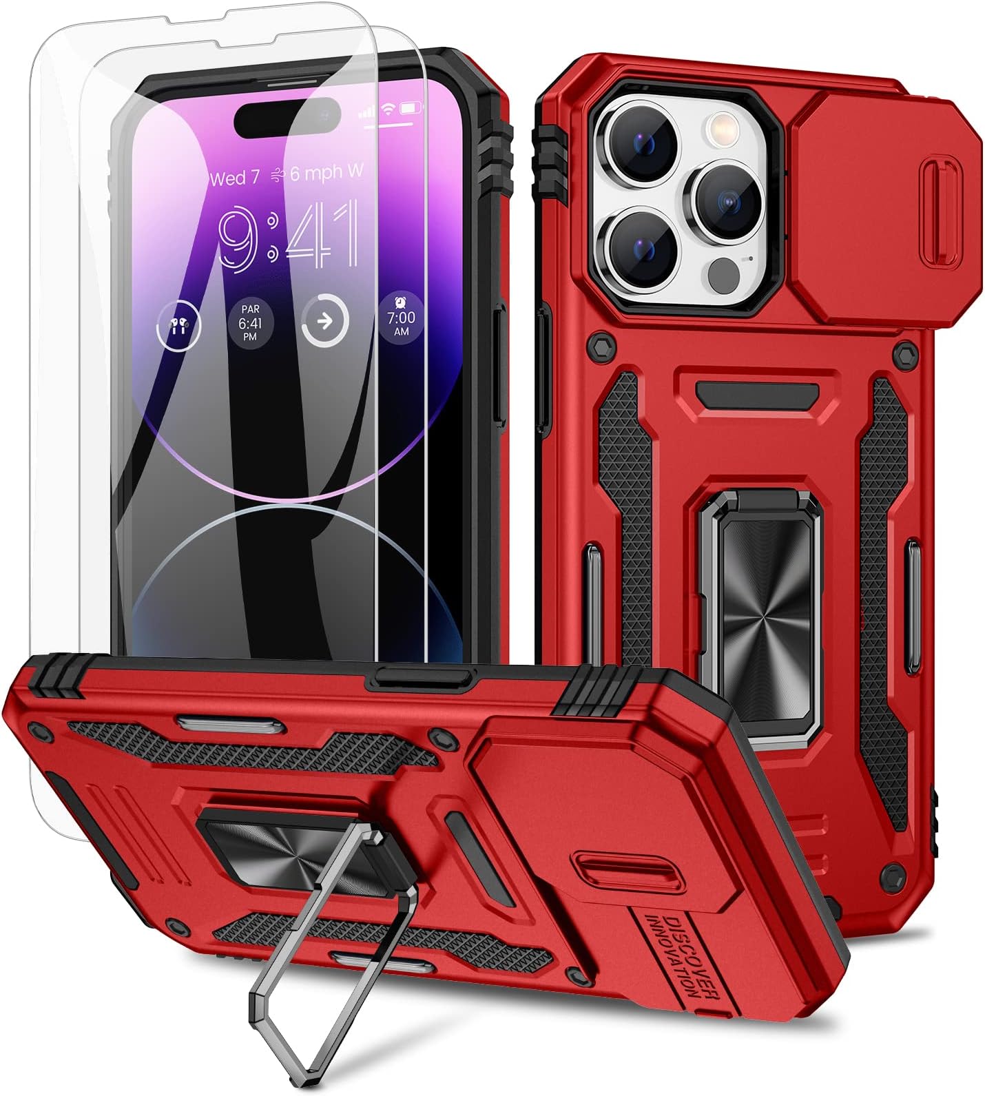 Maxdara for iPhone 14 Pro Max Camera Cover Case with Screen Protector, with Built-in 360° Rotate Ring Stand Magnetic Car Mount Cover Case for iPhone 14 Pro Max 6.7 inch, Red