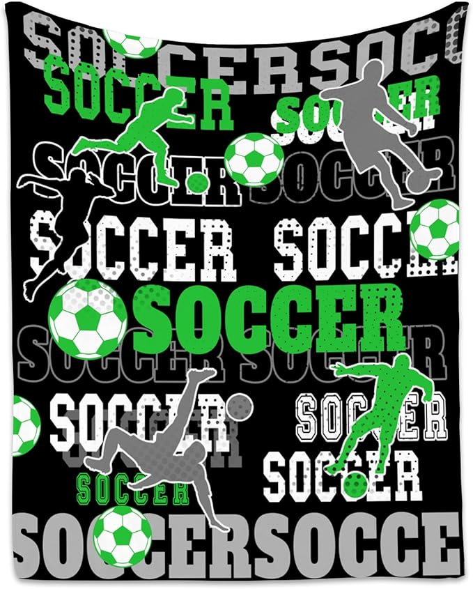 Mercuryelf Soccer Throw Blanket - Soft, Fuzzy & Warm - 60x80 Inches Flannel Blankets for Bed, Couch - Black Sports Throws Gift for Adults