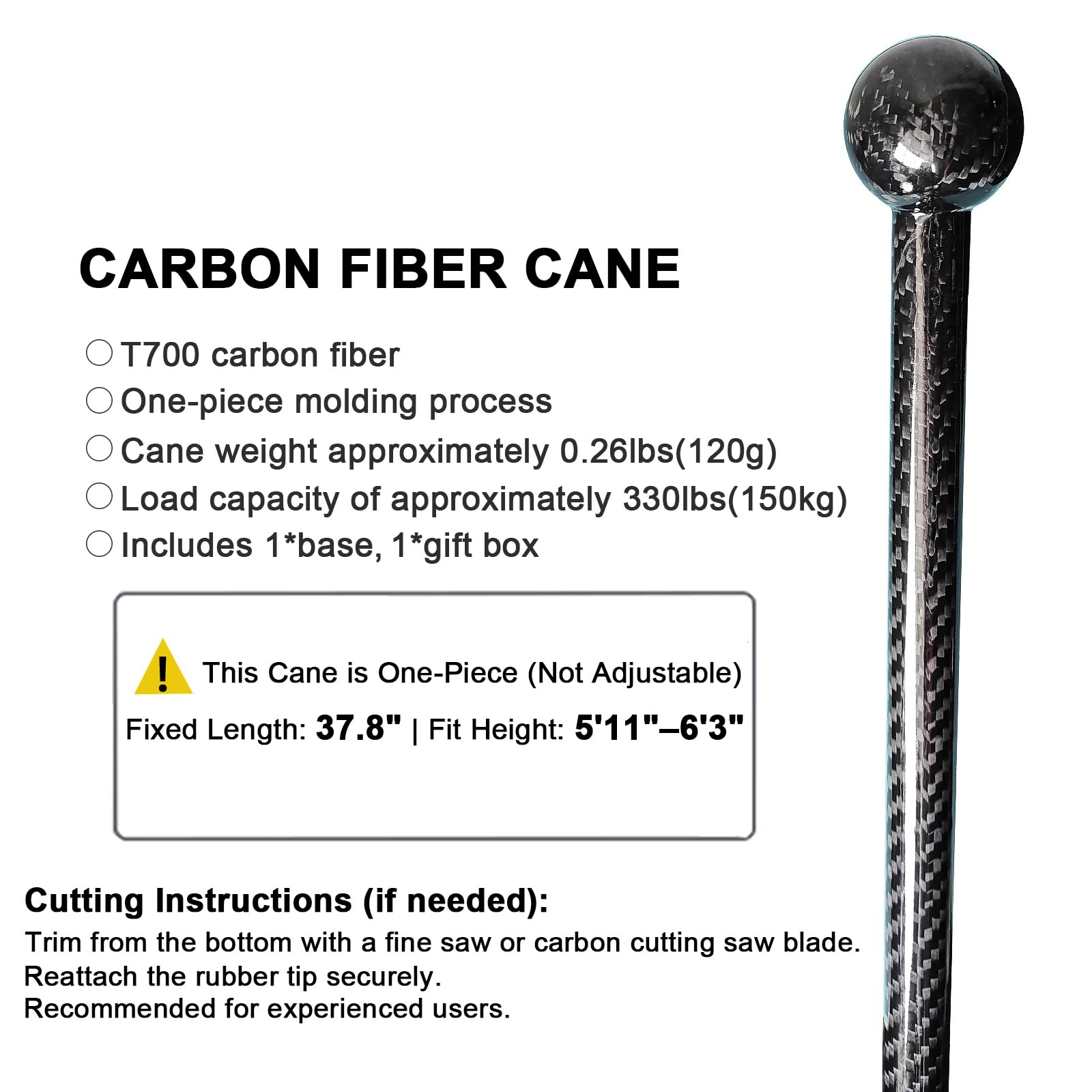 Bastón de fibra de carbono, bastón portátil ligero con correa de muñeca y mango en T para personas mayores y adultos, bastón de fibra de carbono ergonómico y resistente, 37.8 pulgadas
