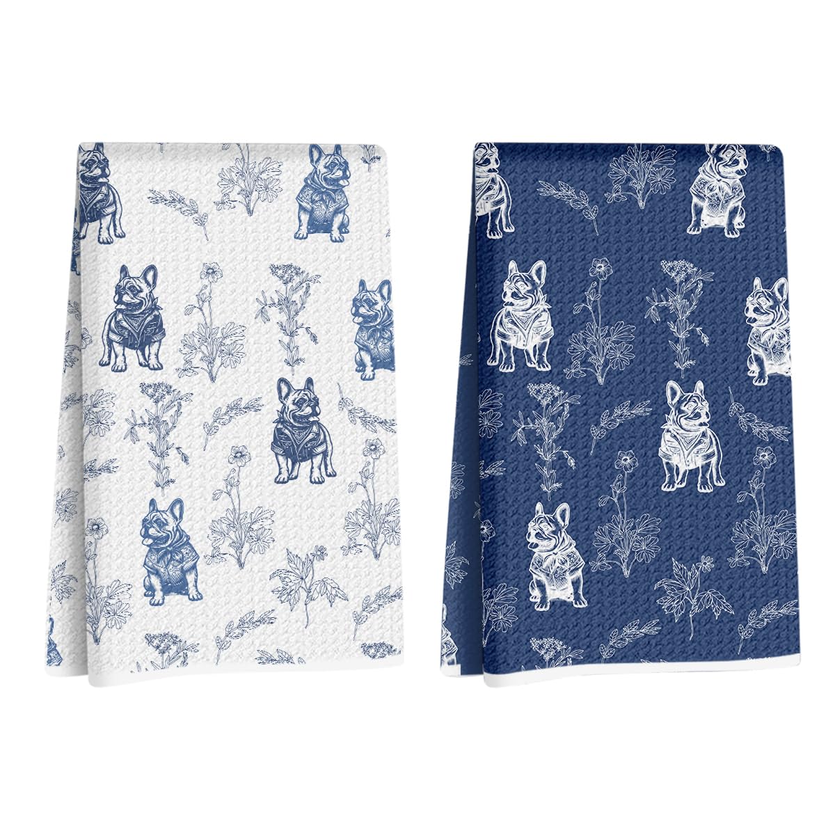 Chinoiserie French Bulldog Kitchen Towels, French Bulldog Gifts for Women | Blue and White Floral Botanical Grandmillennial Dog Decor Dish Tea Towels, Waffle Hand Towel for Kitchen Bathroom, 14x24 Inch
