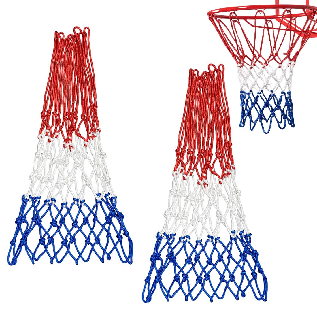 Rete da Basket 2 Pezzi, Professionale per Canestro Esterno & Interno, Anti-Strappo, Resistente Intemperie, 12 Anelli Ricambio Anti-Frusta