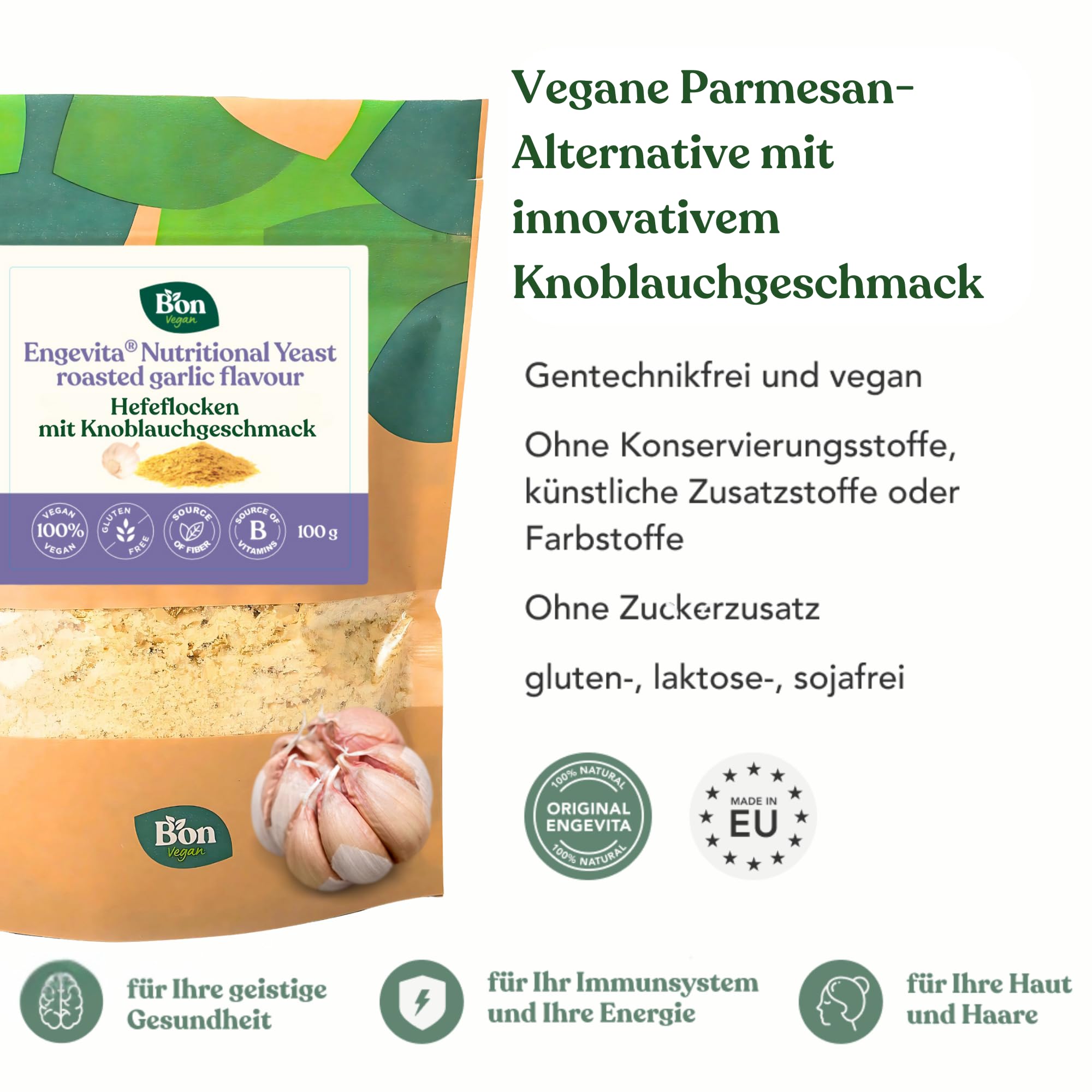 Engevita Hefeflocken mit Knoblauchgeschmack | Nutritional Yeast Flakes | Veganer Glutenfrei Käseersatz | Gentechnikfrei | Inaktive Nährhefe Flocken von Bon Vegan - 100 gr