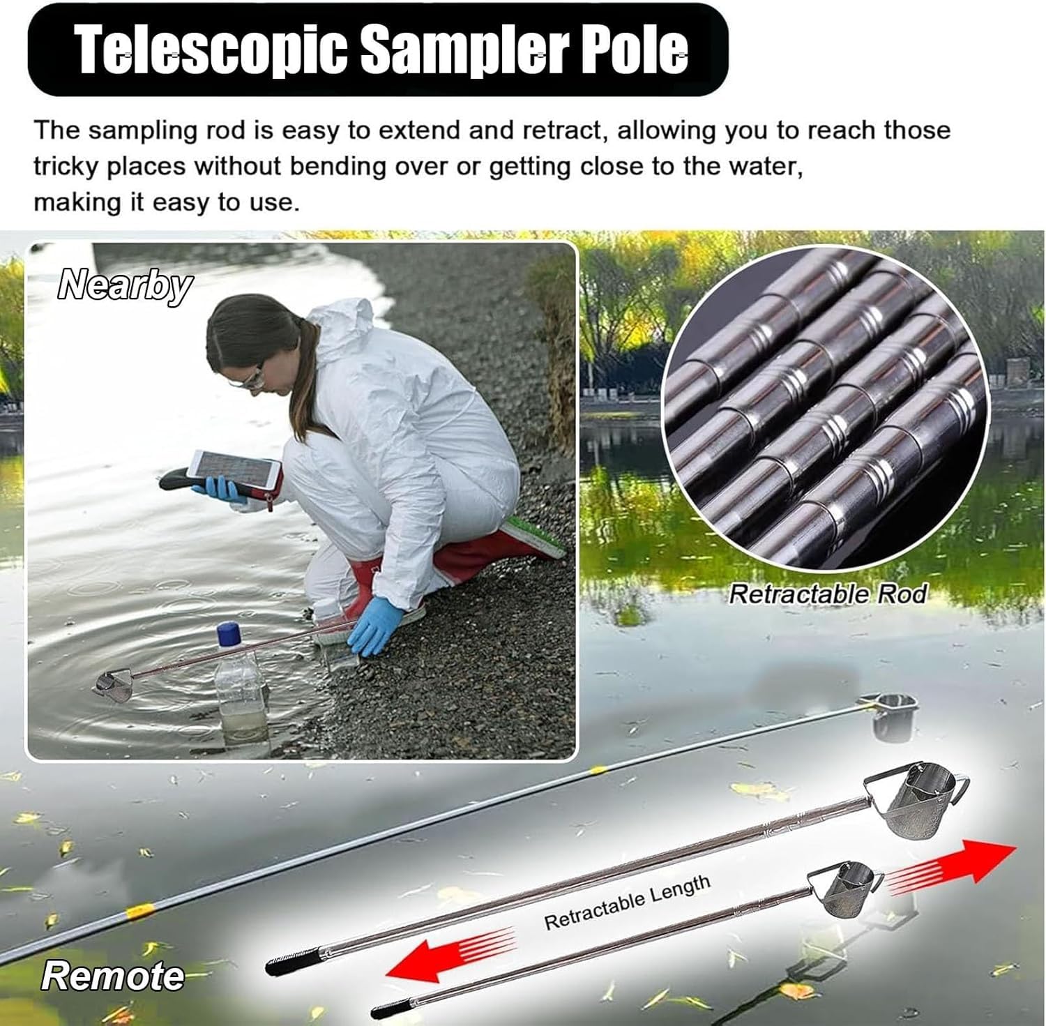 Muestreador de Agua portátil de Acero Inoxidable, cucharón telescópico con péndulo(500ml,1.43-6m/4.7-19.7ft)
