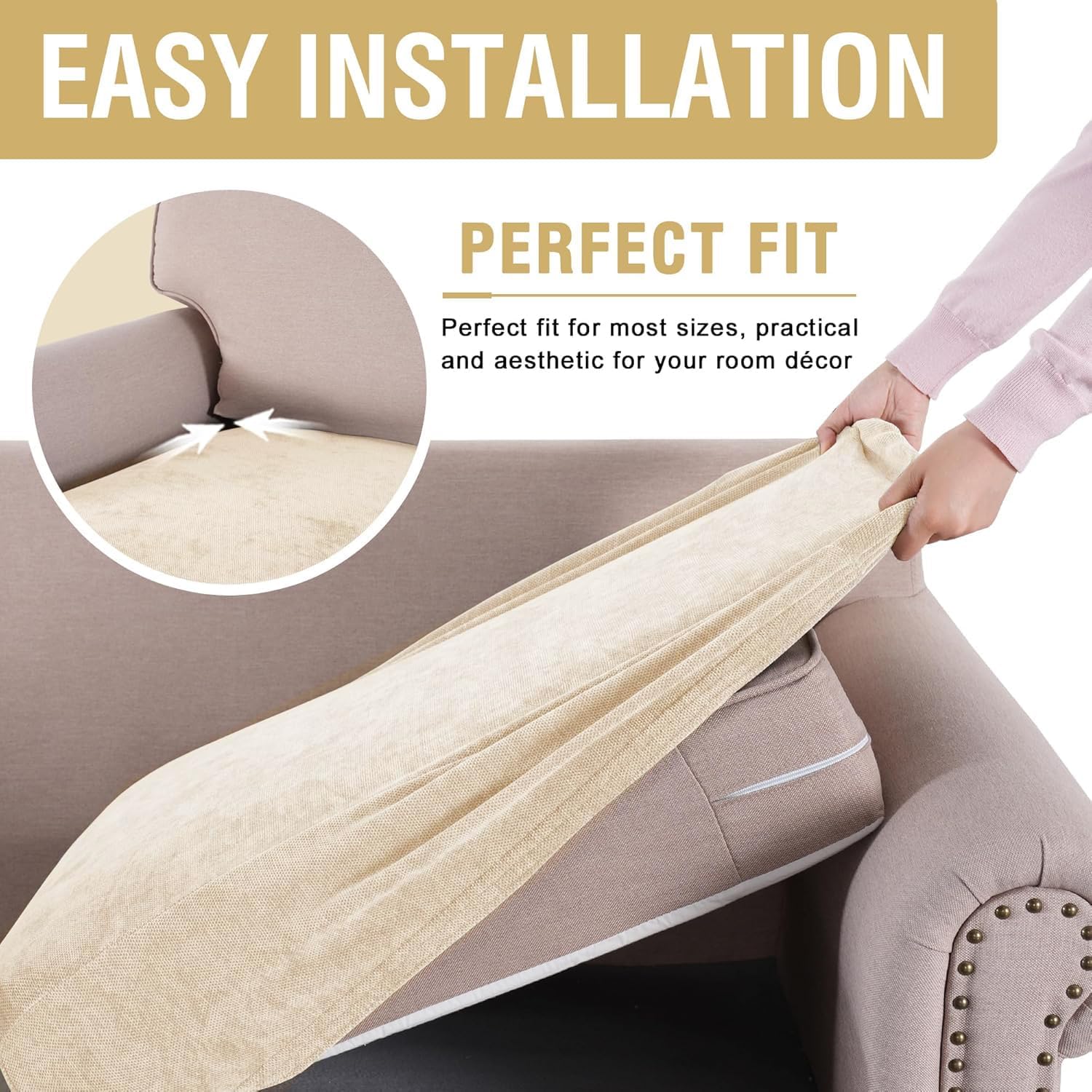 H.VERSAILTEX Stretch Mixed-Color Chenille Couch Cushion Cover Soft Sofa Covers Individual Seat Couch Slipcover Sets Furniture Protector Seat Cushion Sofa Cover (3 Piece Sofa Cushion Covers, Cream)