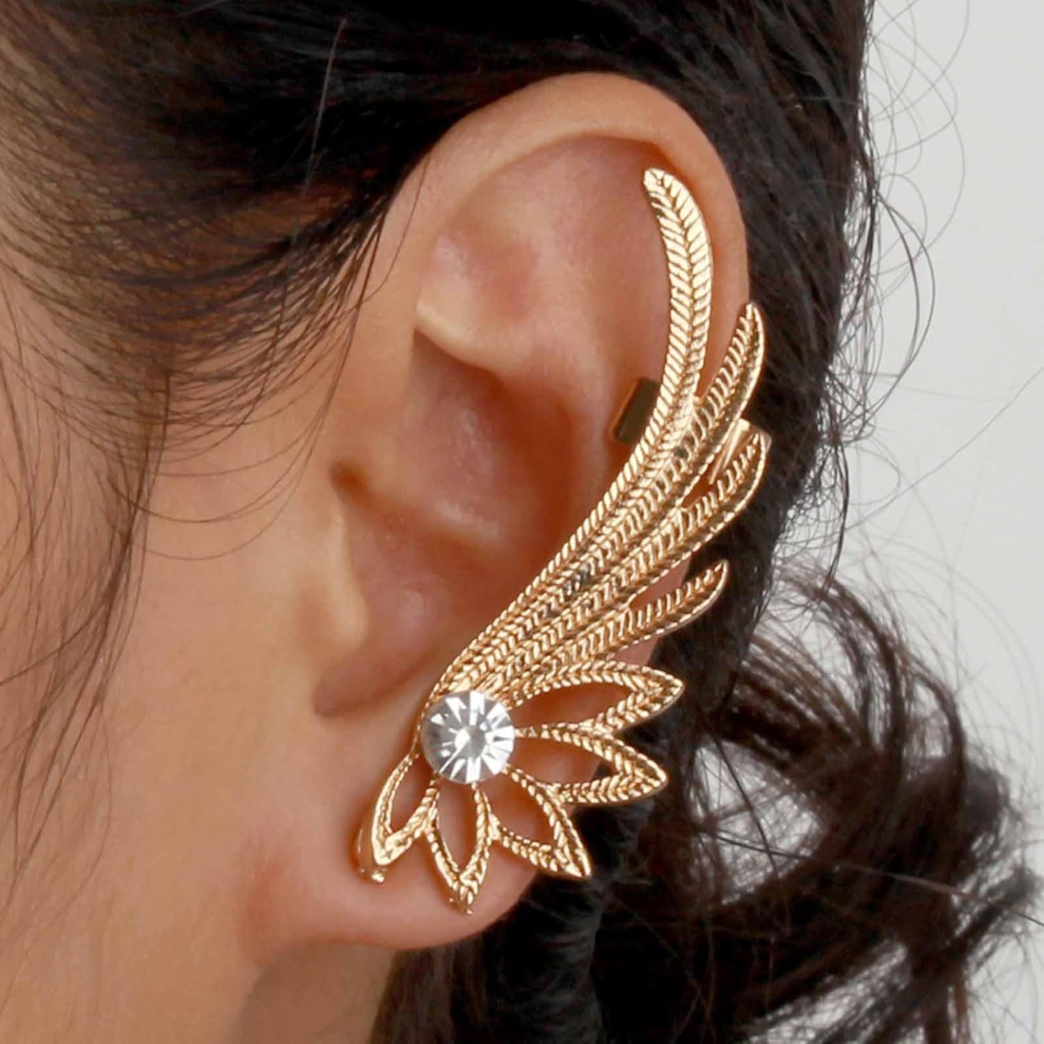 YienDoo Vintage Wing Cuff Wrap Earrings Gold CZ Rhinestones Stud Piercing Earrings Single Left Wing Climber Wrap Earring Statement Metal Feather Ear Clip Earring Jewelry for Women - Image 2