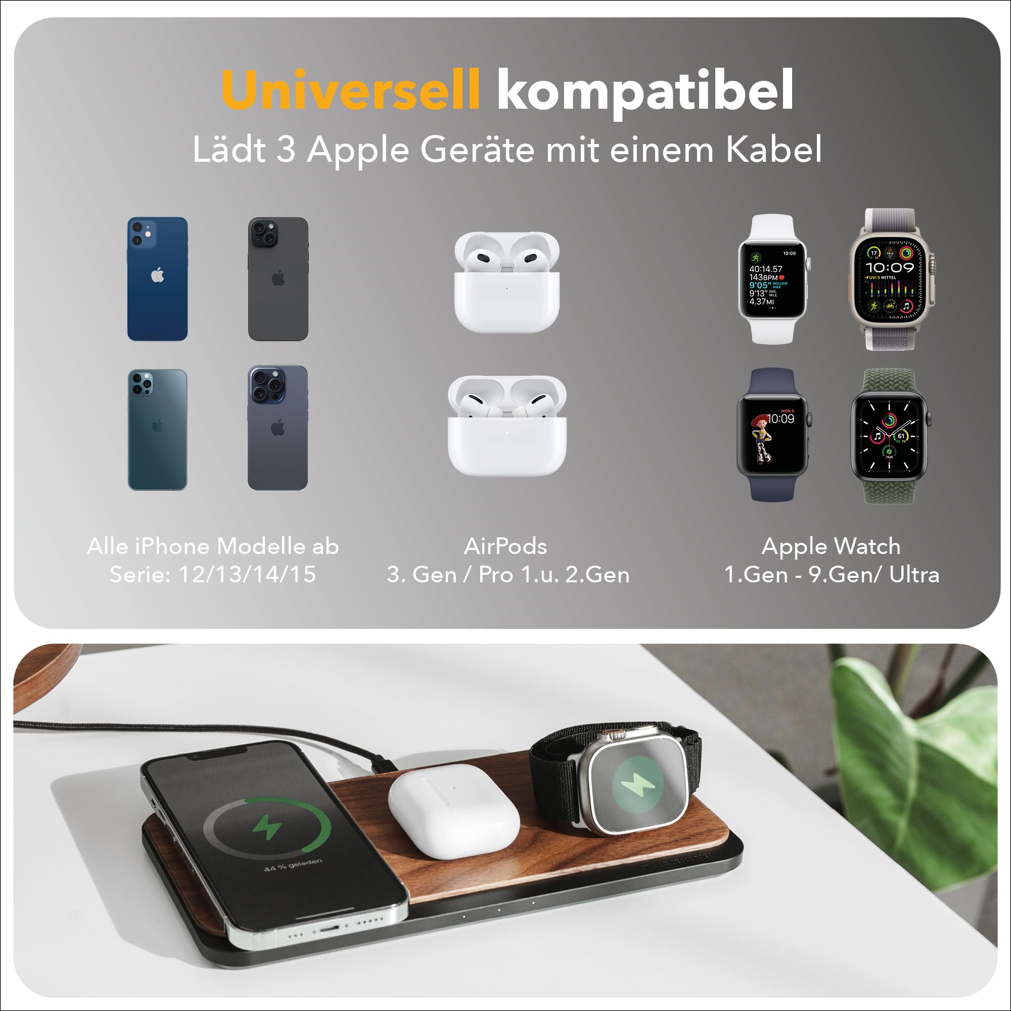 Woodcessories Multibase Pro - Stazione di ricarica 3 in 1 in legno | Magsafe Caricabatterie | Stazione di ricarica induttiva per iPhone, Apple Watch, Air Pods con adattatore da 45 W