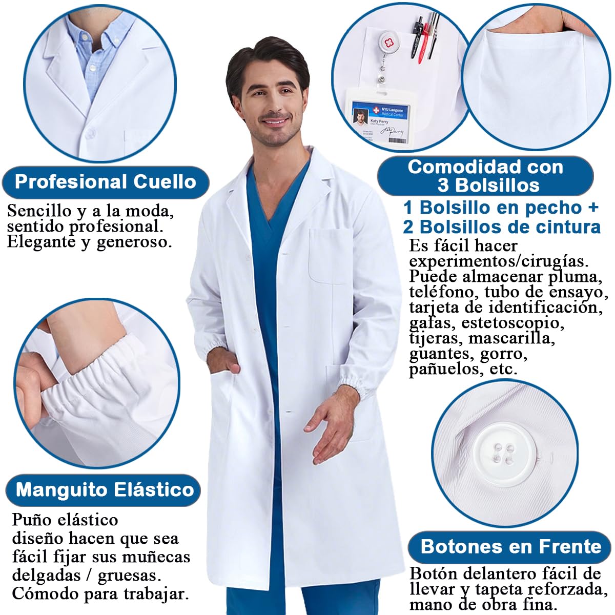 Bata Laboratorio Algodón Blanca Manga Larga Mujer Hombre Médico Enfermera Profesora